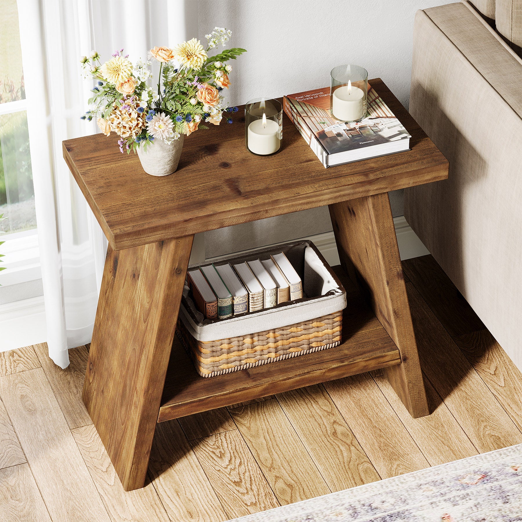Mesita auxiliar estrecha de madera maciza de 60 x 30 cm con almacenamiento de 2 niveles, Mesita de noche rústica para salón y dormitorio