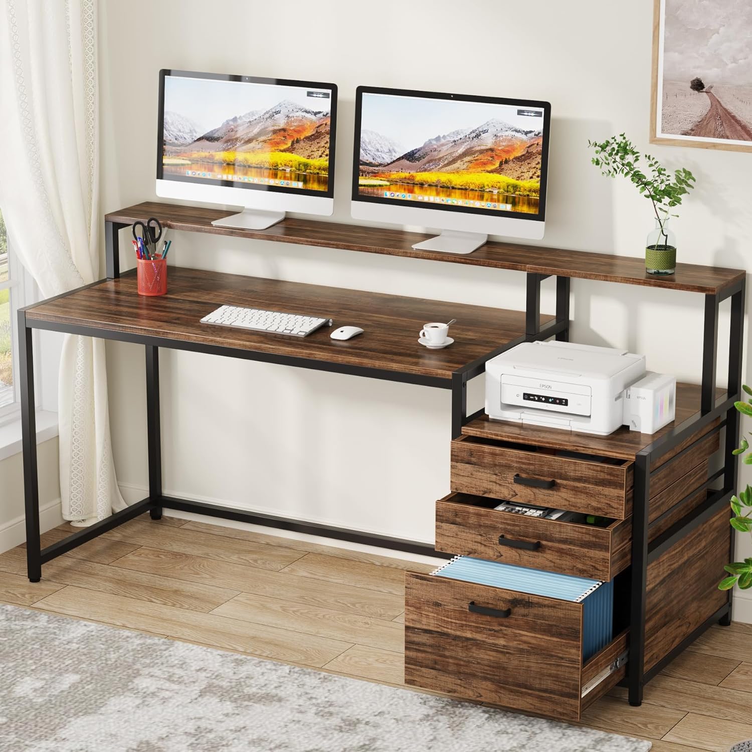 Tribesigns Escritorio con cajones, mesa de ordenador con soporte para monitor