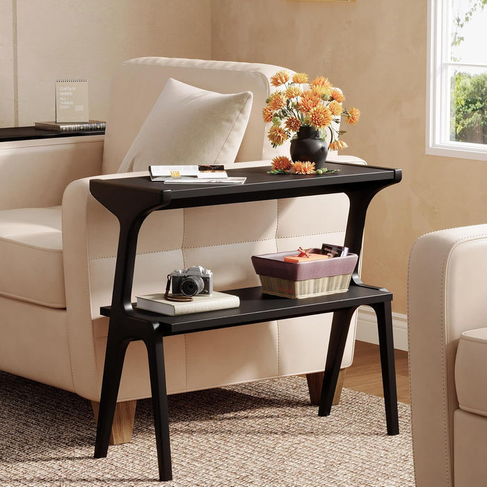 Tribesigns Mesa de centro estrecha, Mesa de centro delgada de 2 niveles con estante de almacenamiento