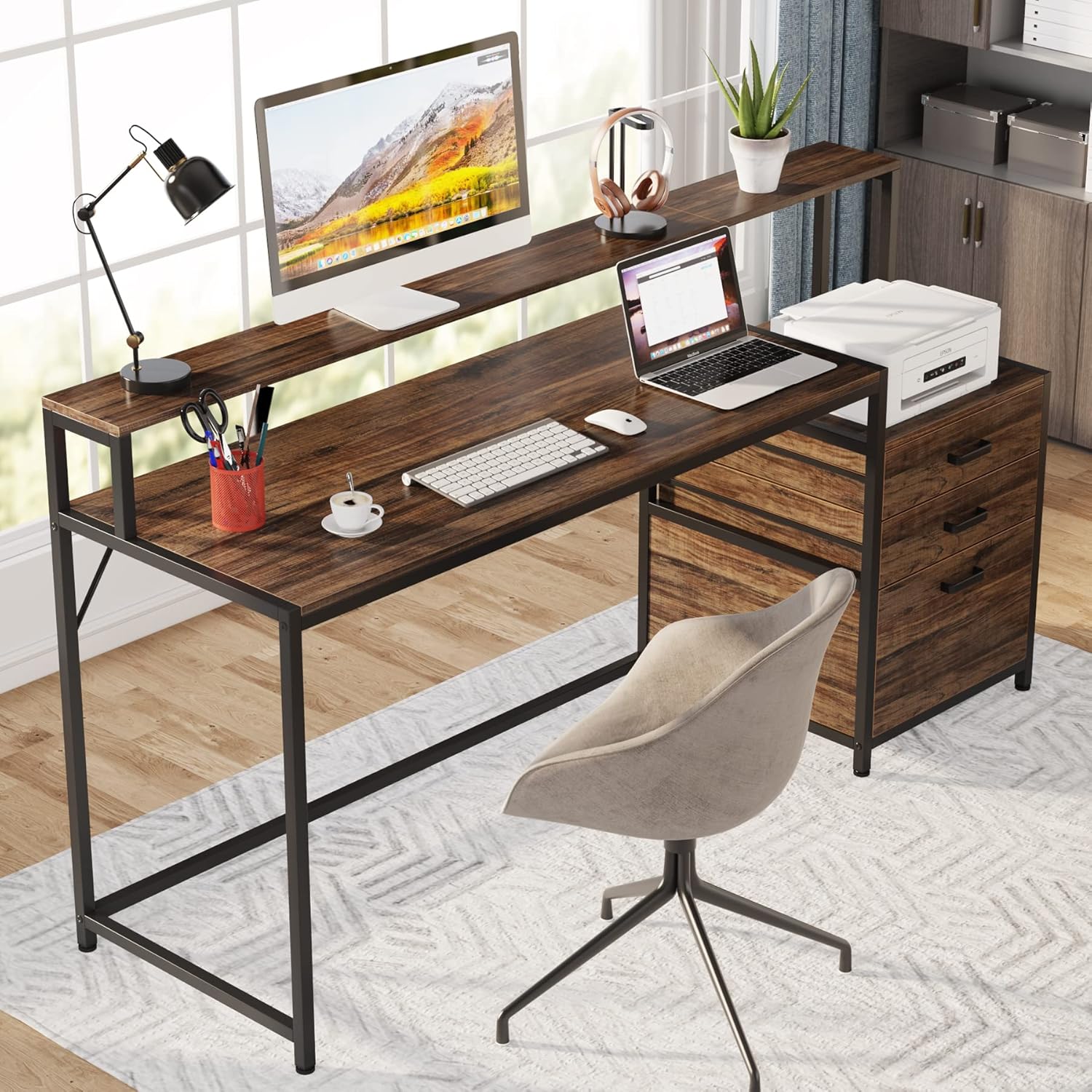Tribesigns Escritorio con cajones, mesa de ordenador con soporte para monitor