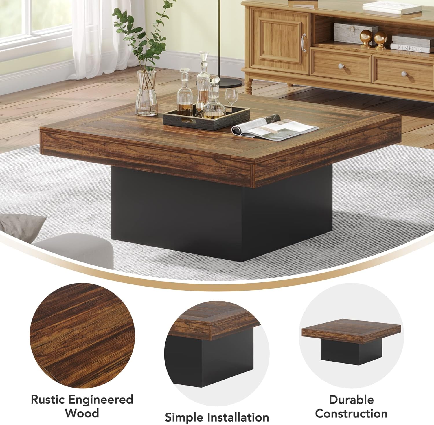 Tribesigns Mesa de centro cuadrada de 90 x 90 x 45 cm con iluminación LED, Mesa auxiliar moderna de madera para salón