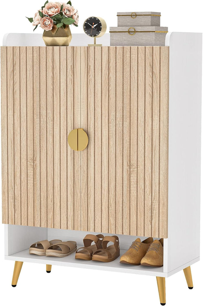 Tribesigns Zapatero con 2 puertas, Zapatero con marco de metal dorado