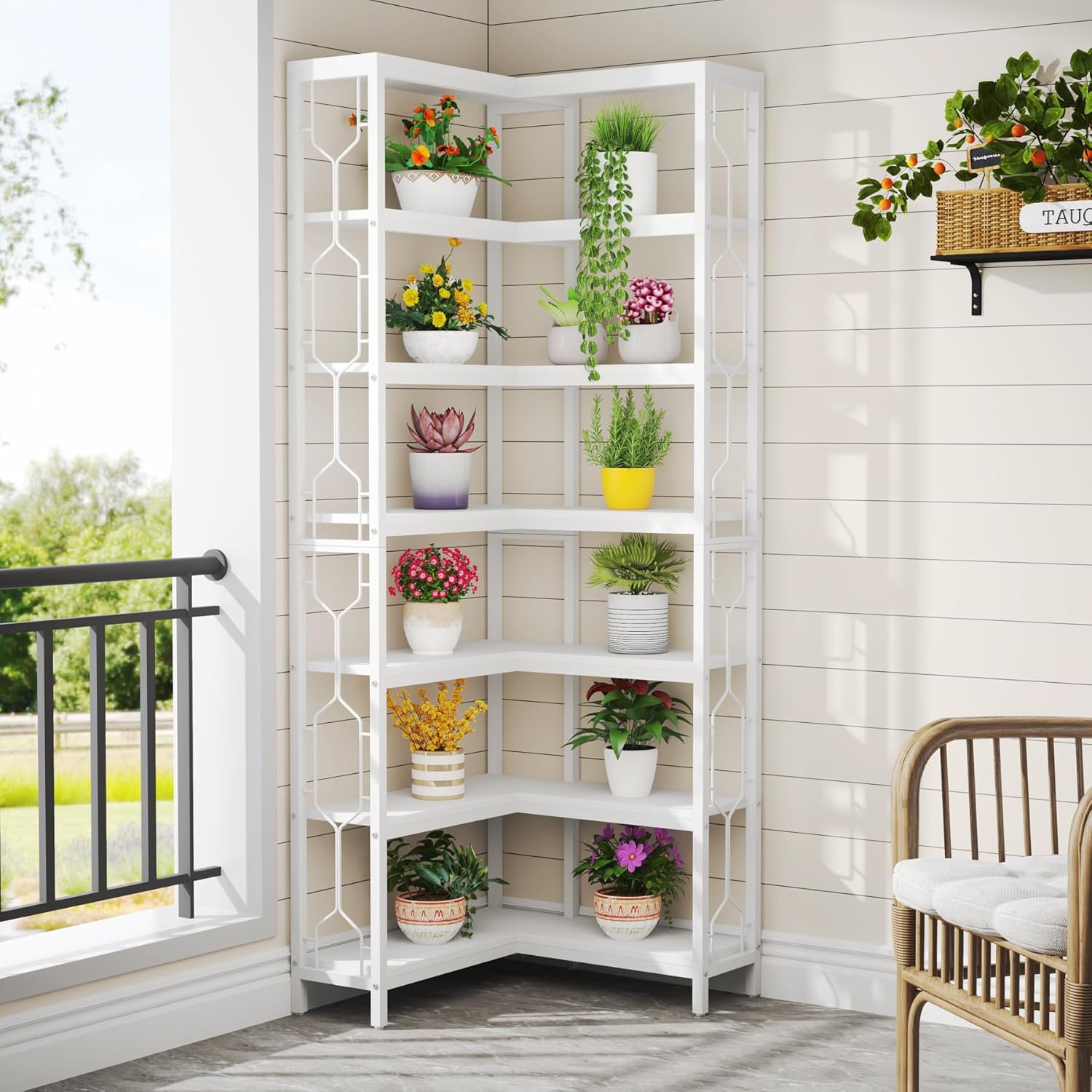 Tribesigns Estantería esquinera de madera y metal, Librería industrial de 7 niveles