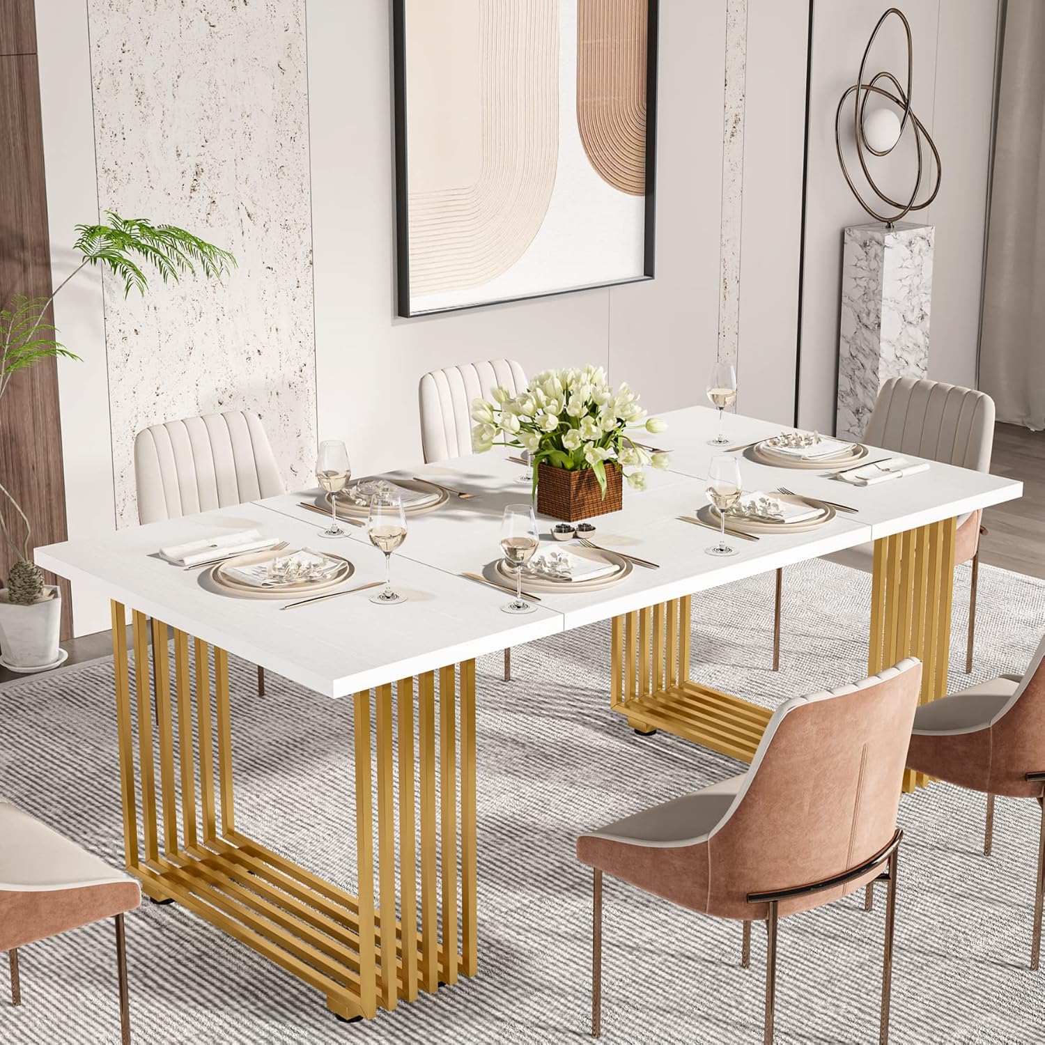 Tribesigns Mesa de comedor moderna para 6-8 personas, Mesa de comedor blanca