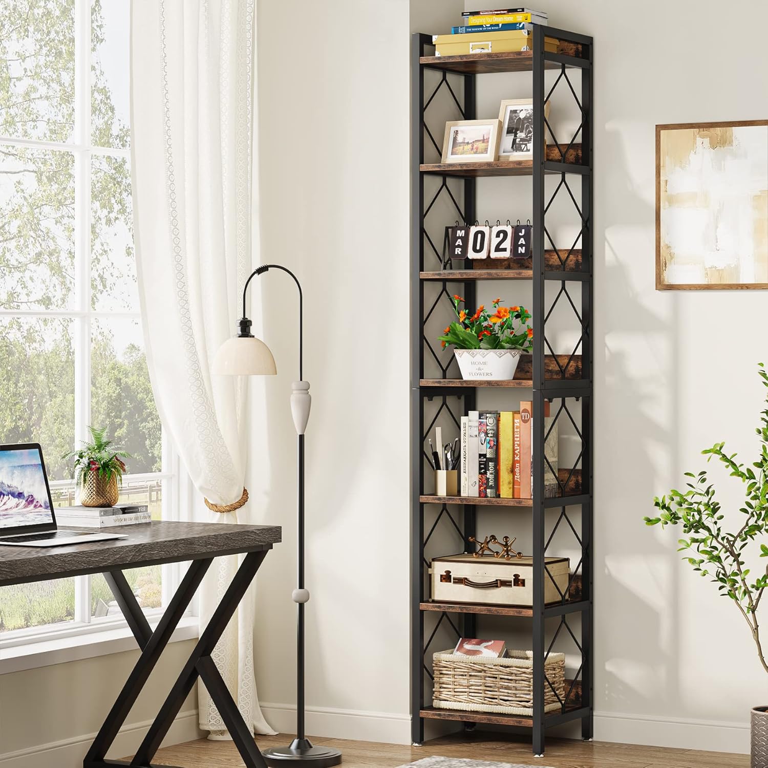 Tribesigns Librería extra alta y estrecha, Estantería de pared de 7 niveles para espacios pequeños