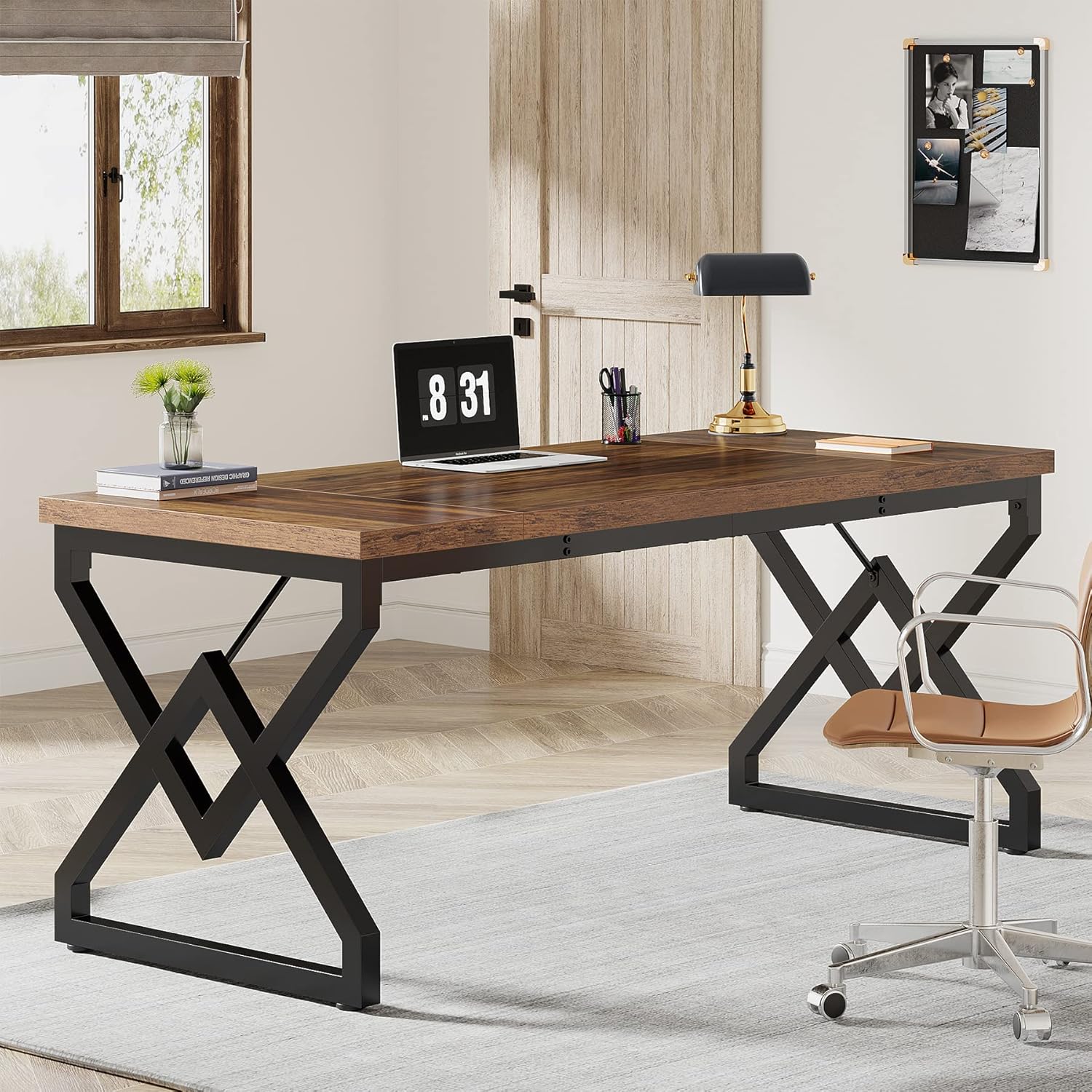 Tribesigns Escritorio vintage, Mesa grande para computadora de oficina con tablero de madera