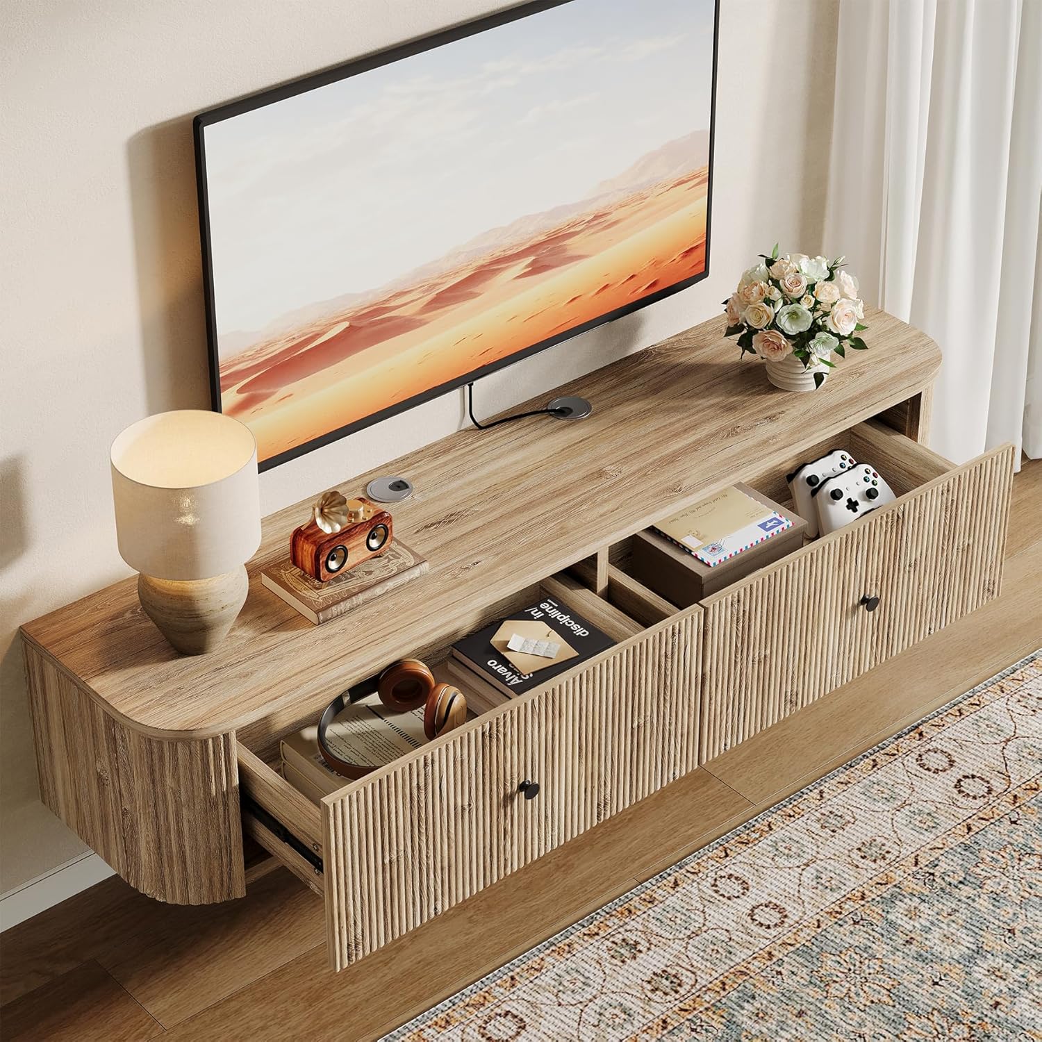 Mueble de TV flotante Tribesigns con 2 cajones acanalados, Mueble multimedia de pared para sala de estar y dormitorio