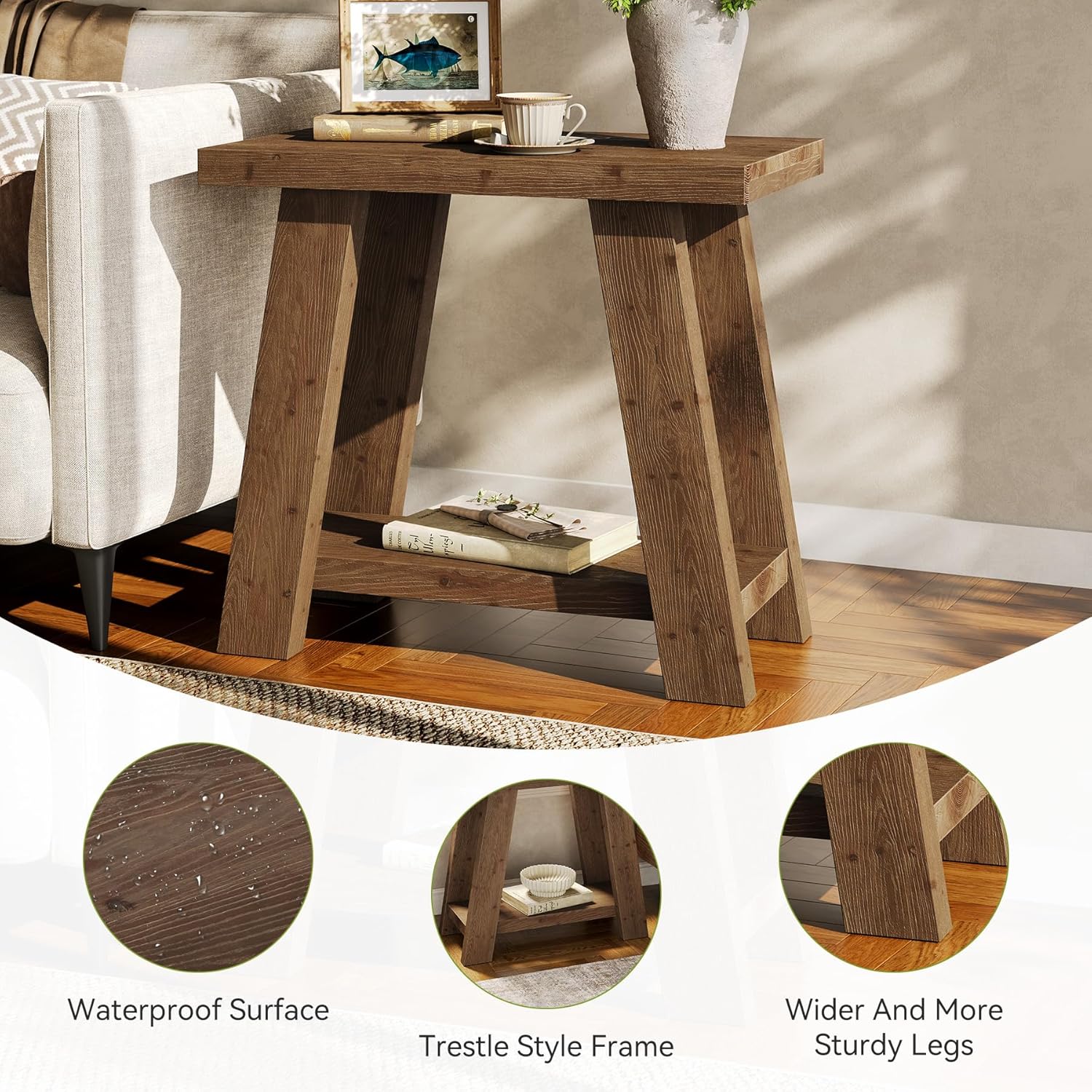 Mesita auxiliar pequeña de madera maciza, Mesita de noche de madera de 2 niveles Mesa de dormitorio moderna con estante