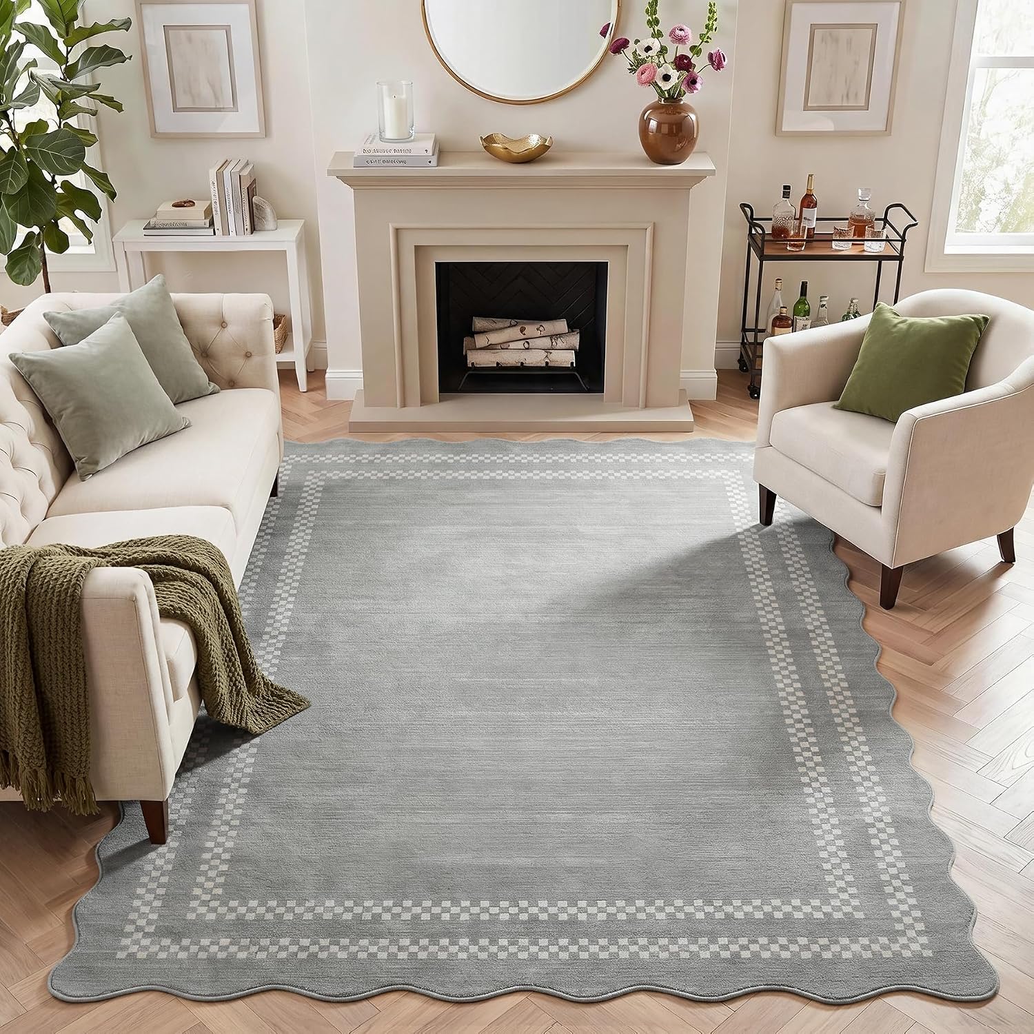 Tribesigns Alfombra de juegos para habitación de niña, pelo corto, estampado moderno de ondas, certificación Oeko-Tex, rosa y gris