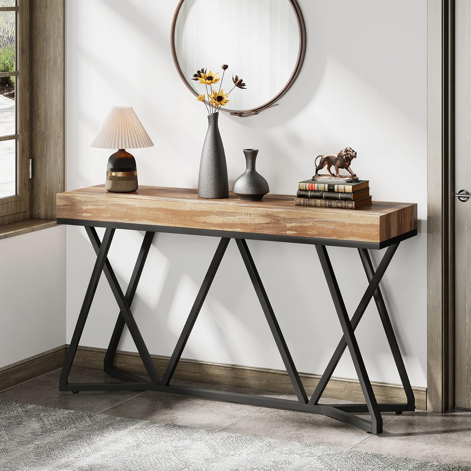 Tribesigns Mesa consola de madera, Consola de entrada con base de metal Mesa de centro única
