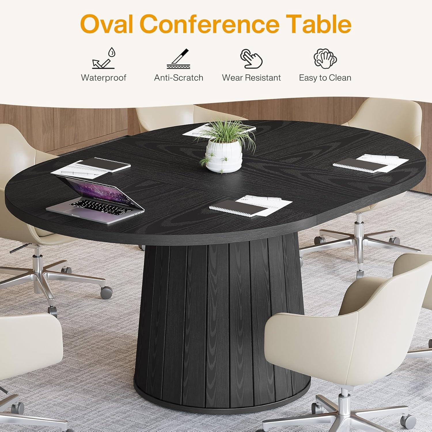 Tribesigns Mesa de conferencias ovalada de 140 cm para 6 personas, Mesa de reuniones de madera con base estable color negro