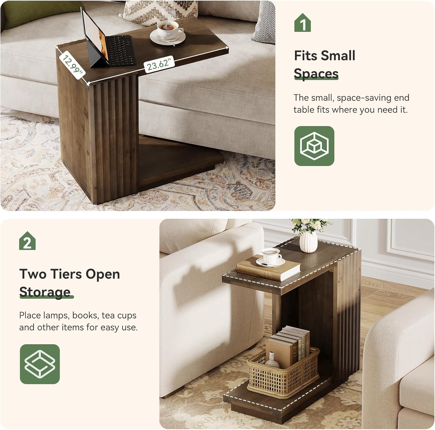 Tribesigns Mesa auxiliar de 60 cm con forma de C, Mesa estrecha de madera para sofá