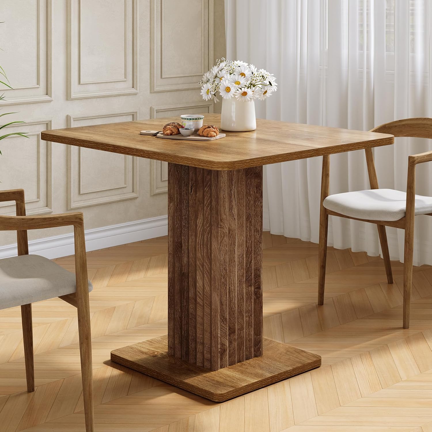 Mesa de comedor compacta de 90x80 cm para 4 personas con base robusta de estilo rústico para cocina y salón