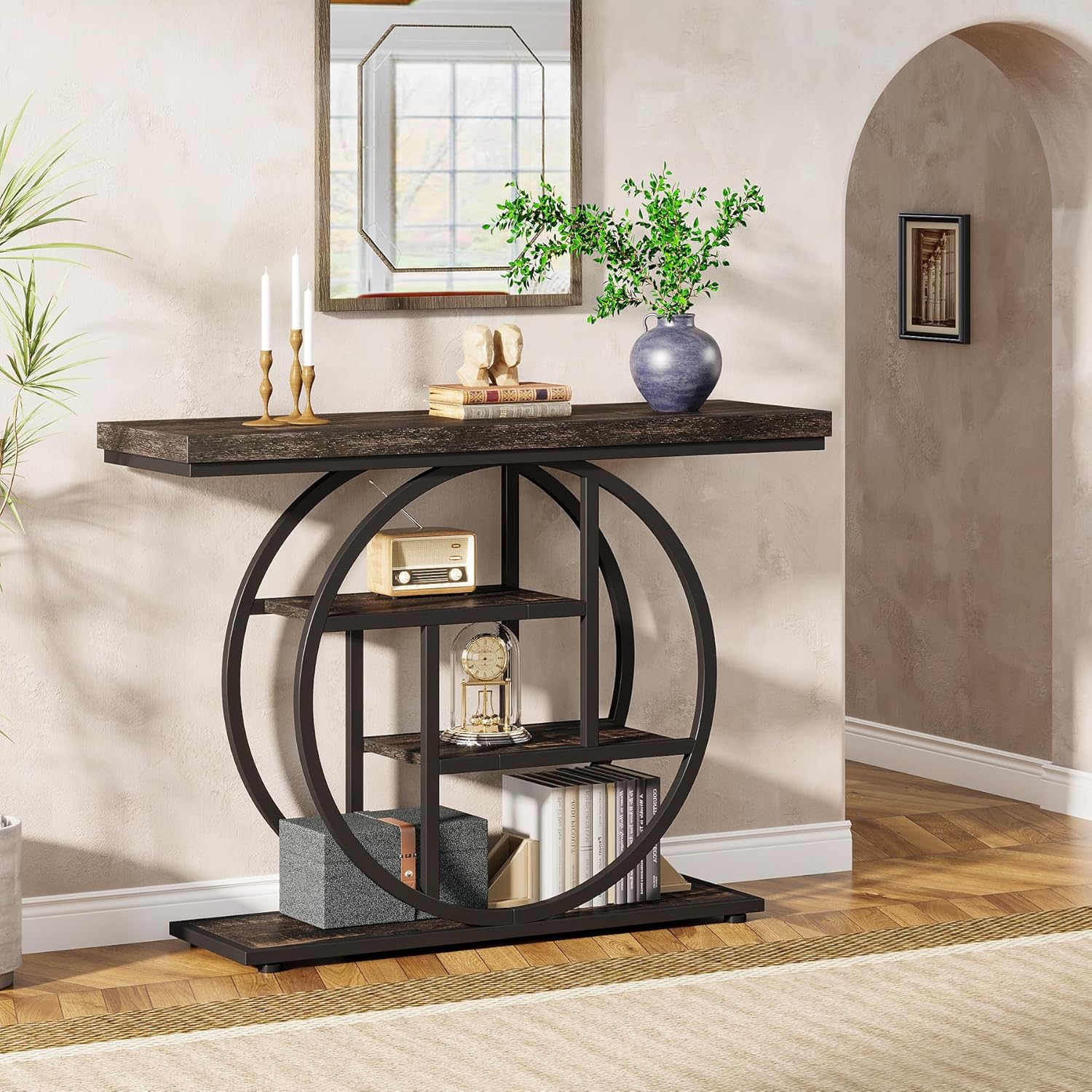 Tribesigns Mesa consola con base circular, Mesas auxiliares estrechas de madera