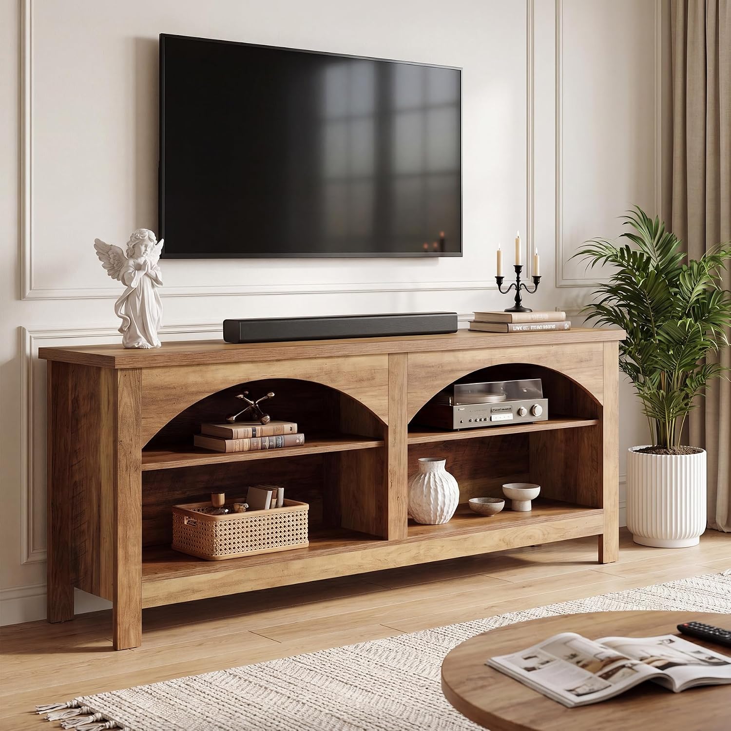Mueble para TV de 160 cm, Sistema de entretenimiento de estilo rústico con estante de 2 niveles