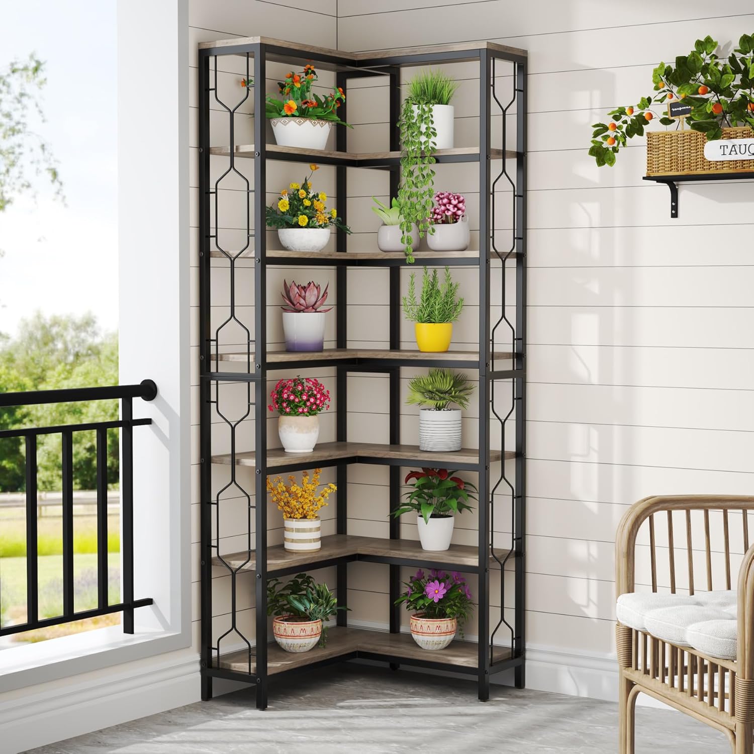 Tribesigns Estantería esquinera de madera y metal, Librería industrial de 7 niveles