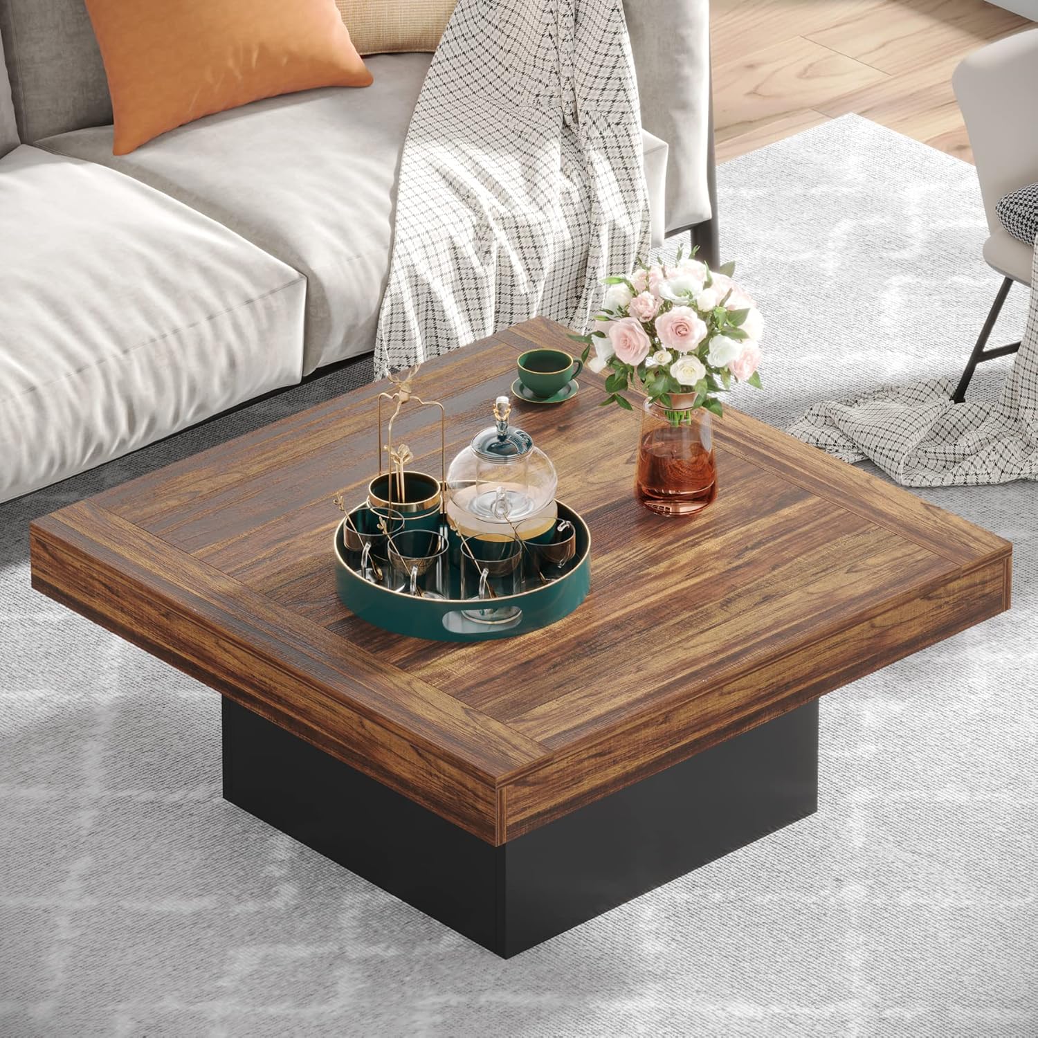 Tribesigns Mesa de centro cuadrada de 90 x 90 x 45 cm con iluminación LED, Mesa auxiliar moderna de madera para salón