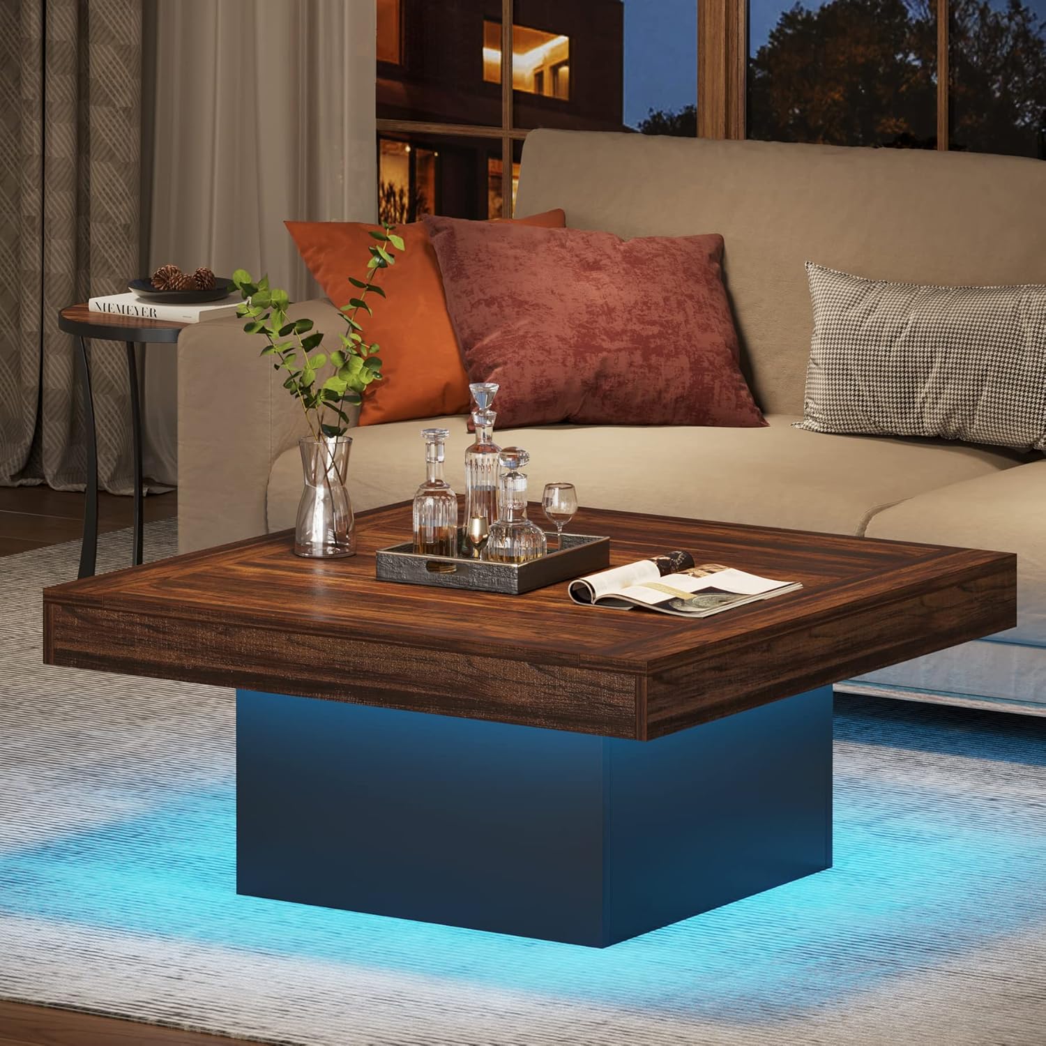 Tribesigns Mesa de centro cuadrada de 90 x 90 x 45 cm con iluminación LED, Mesa auxiliar moderna de madera para salón