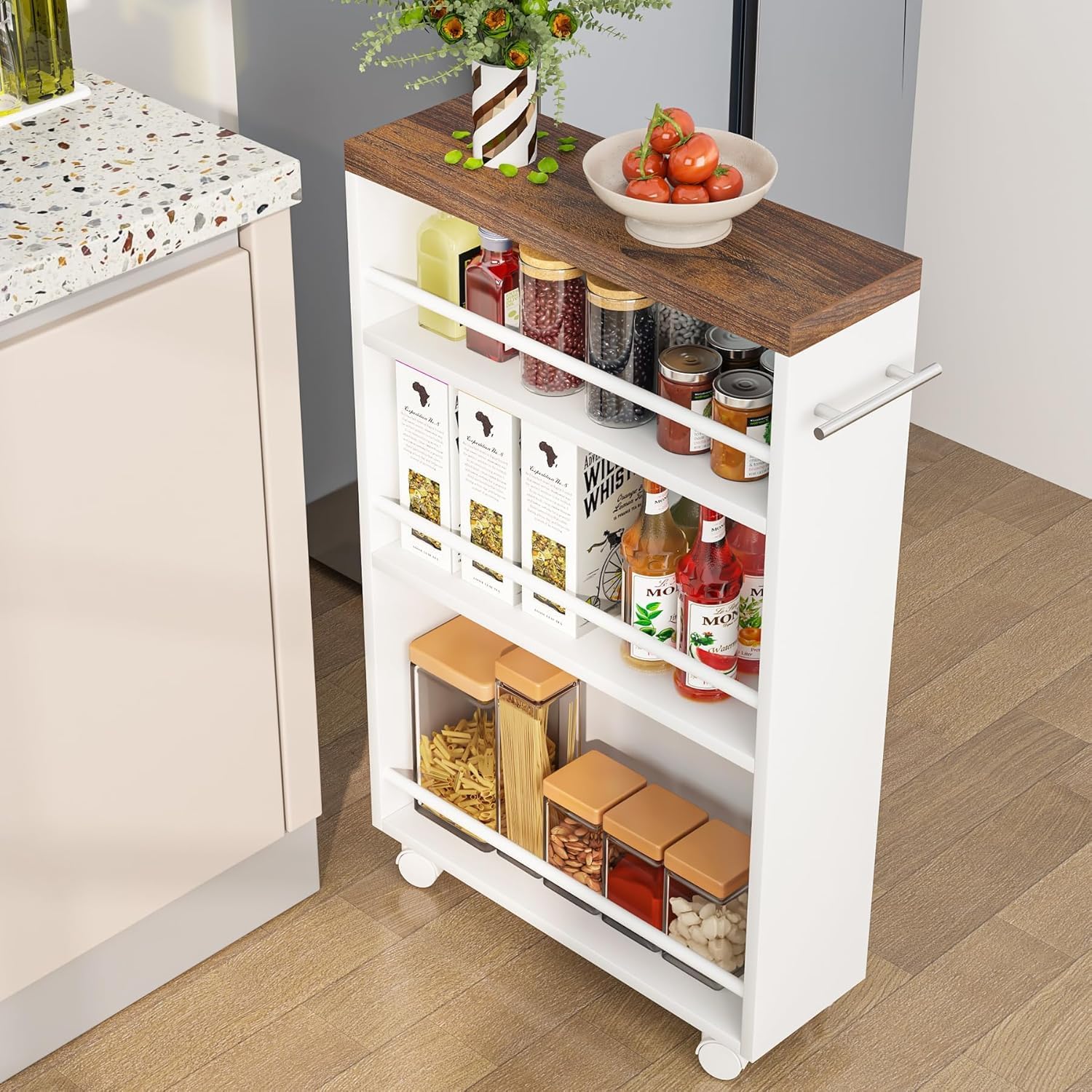 Tribesigns Carrito estrecho con ruedas (16 cm) y 4 niveles, Carrito de cocina extraíble con ruedas para nichos y espacios reducidos