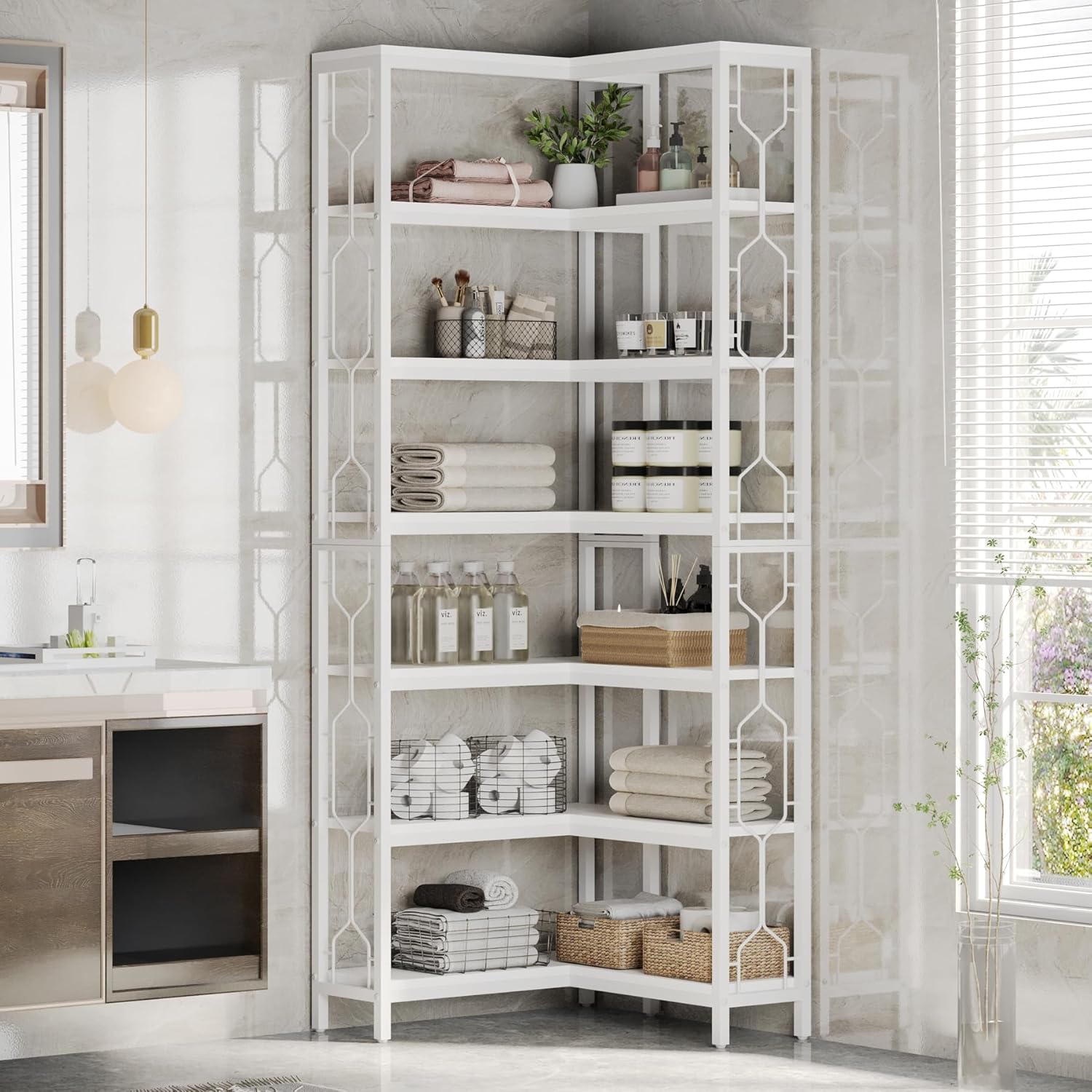 Tribesigns Estantería esquinera de madera y metal, Librería industrial de 7 niveles