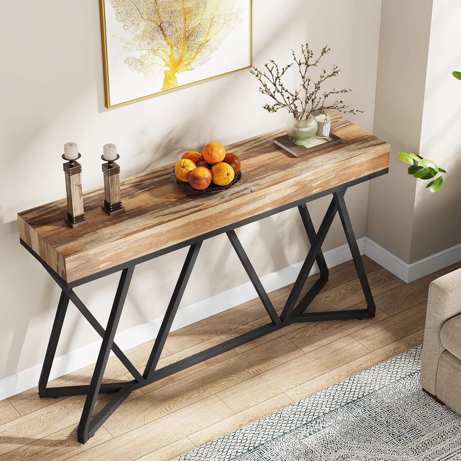 Tribesigns Mesa consola de madera, Consola de entrada con base de metal Mesa de centro única