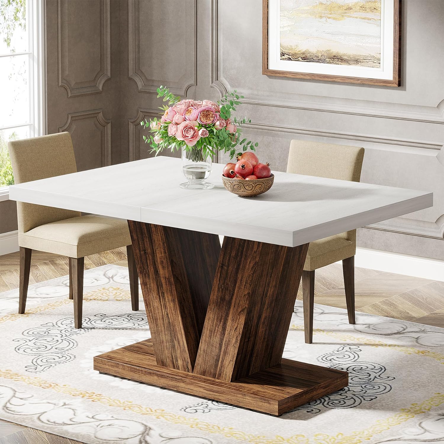 Tribesigns Mesa de comedor rústica, Mesa de cocina de madera blanca estilo granja