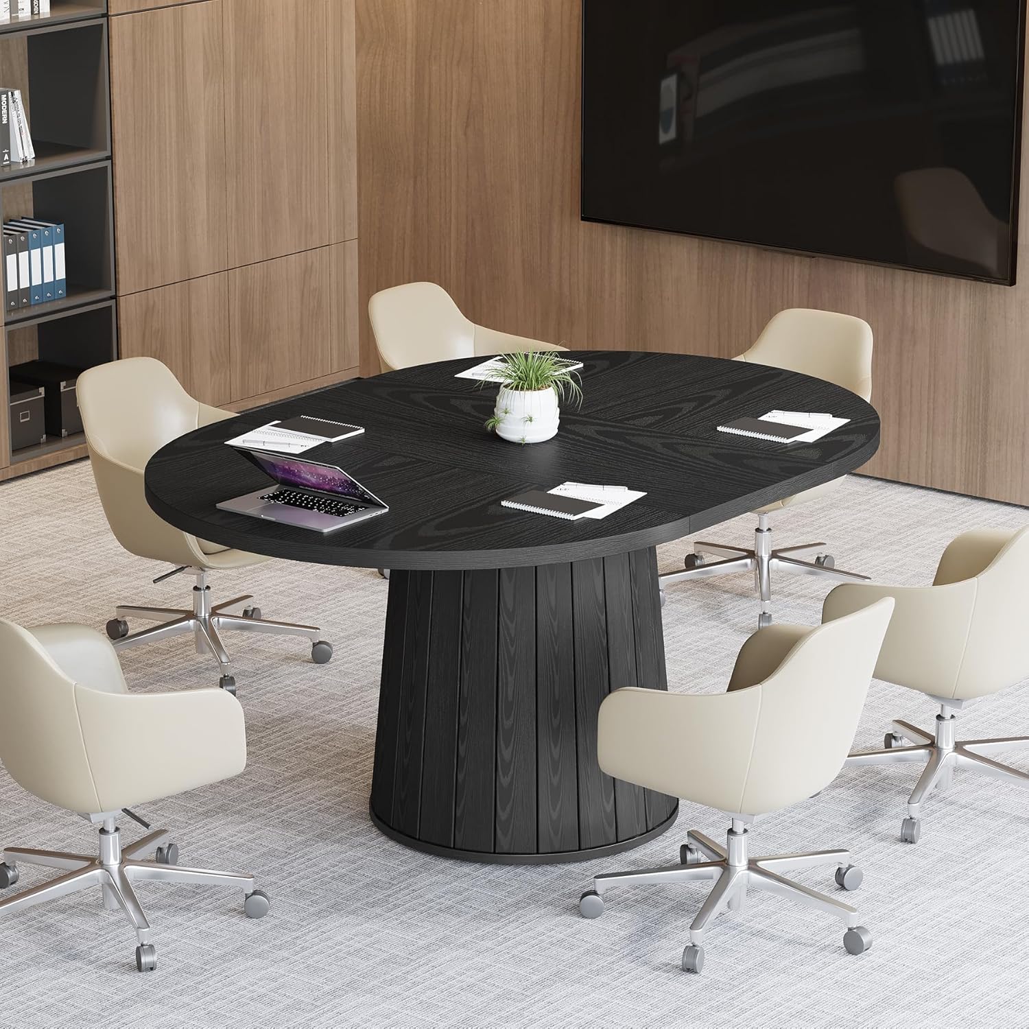 Tribesigns Mesa de conferencias ovalada de 140 cm para 6 personas, Mesa de reuniones de madera con base estable color negro