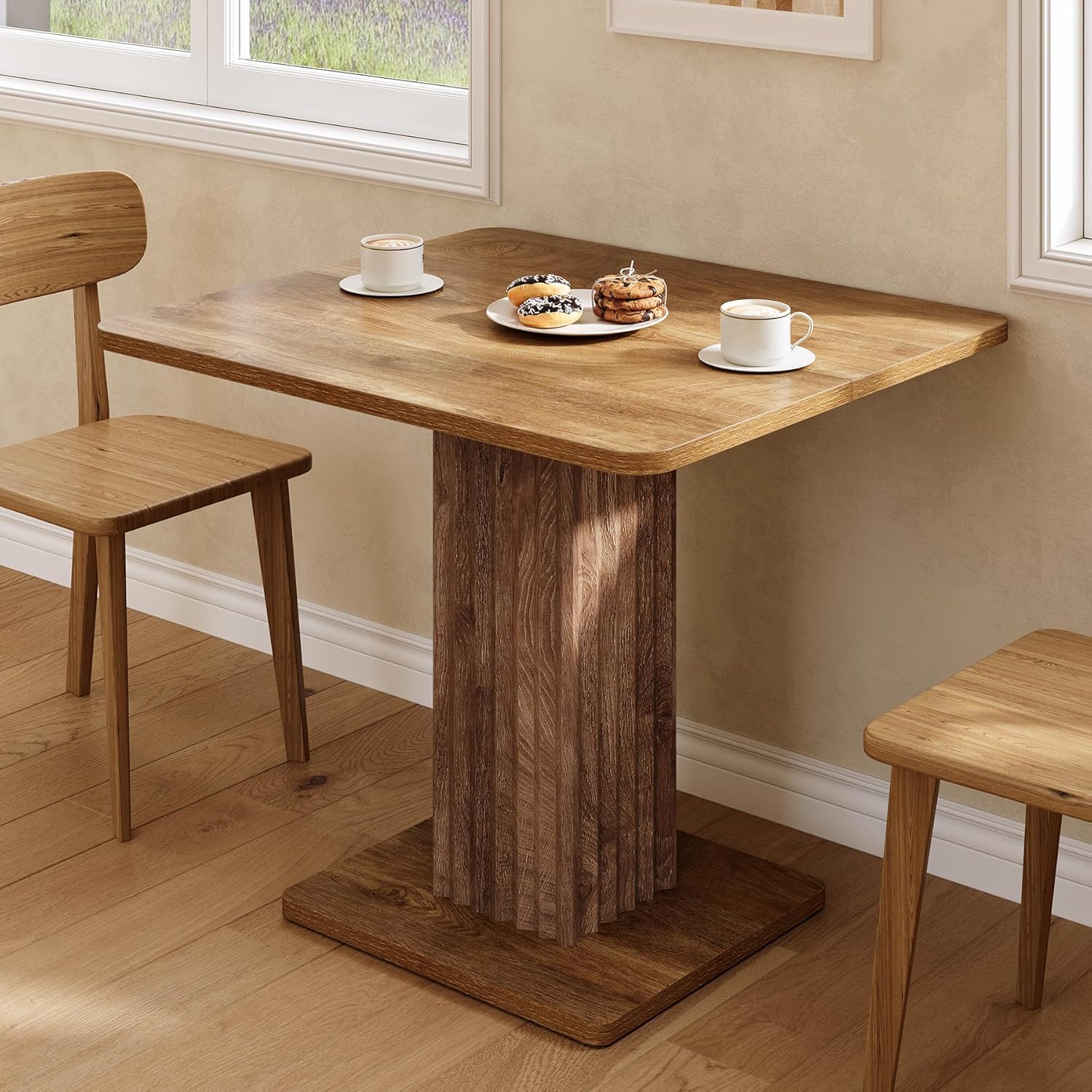 Mesa de comedor compacta de 90x80 cm para 4 personas con base robusta de estilo rústico para cocina y salón