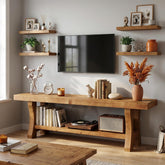 Mueble bajo para TV de madera maciza, 140 cm con 2 estantes y compartimentos abiertos, unidad multimedia. 3
