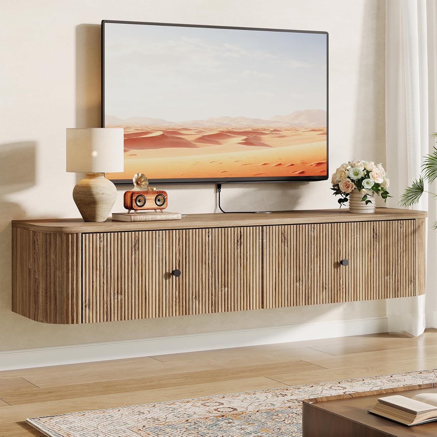Mueble de TV flotante Tribesigns con 2 cajones acanalados, Mueble multimedia de pared para sala de estar y dormitorio