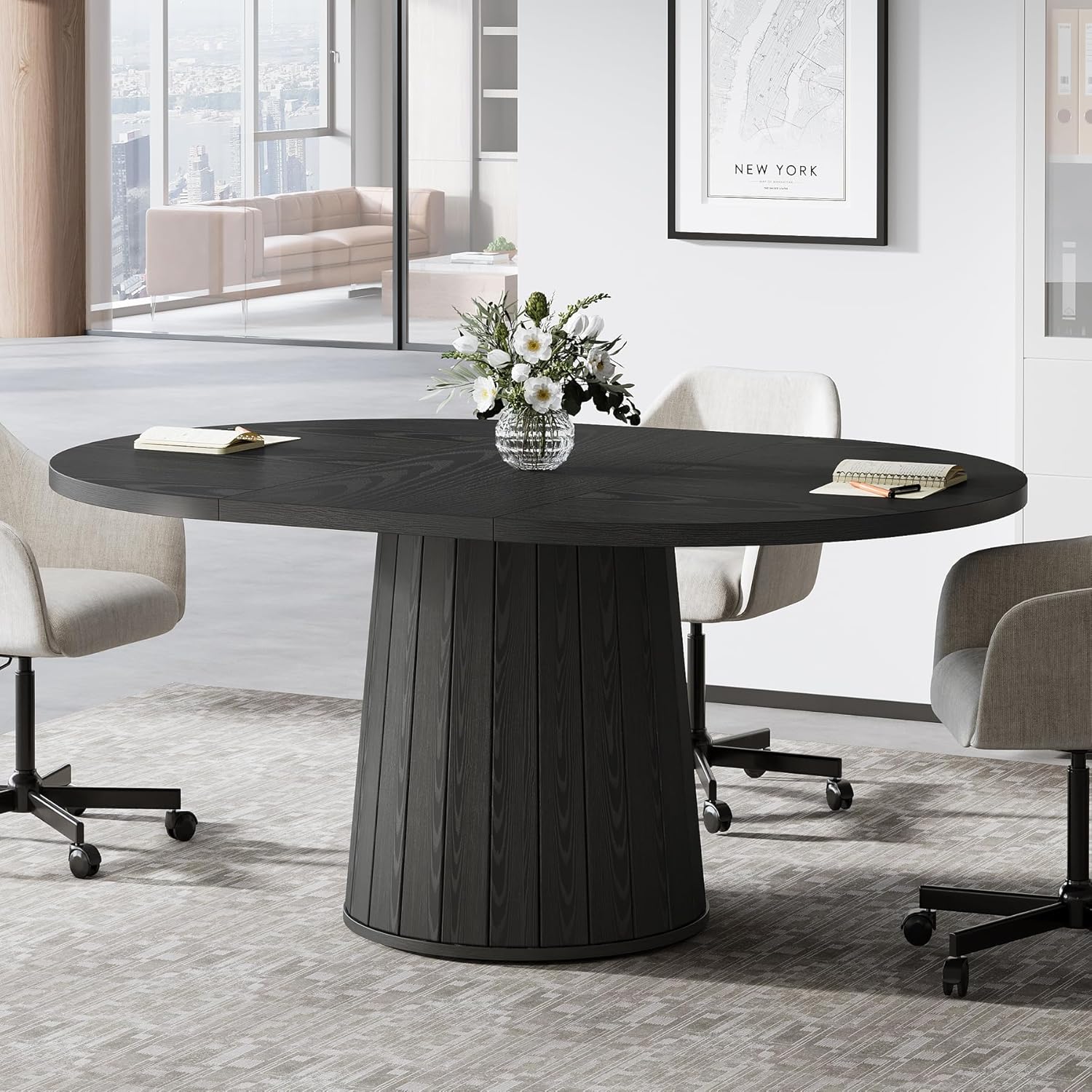 Tribesigns Mesa de conferencias ovalada de 140 cm para 6 personas, Mesa de reuniones de madera con base estable color negro