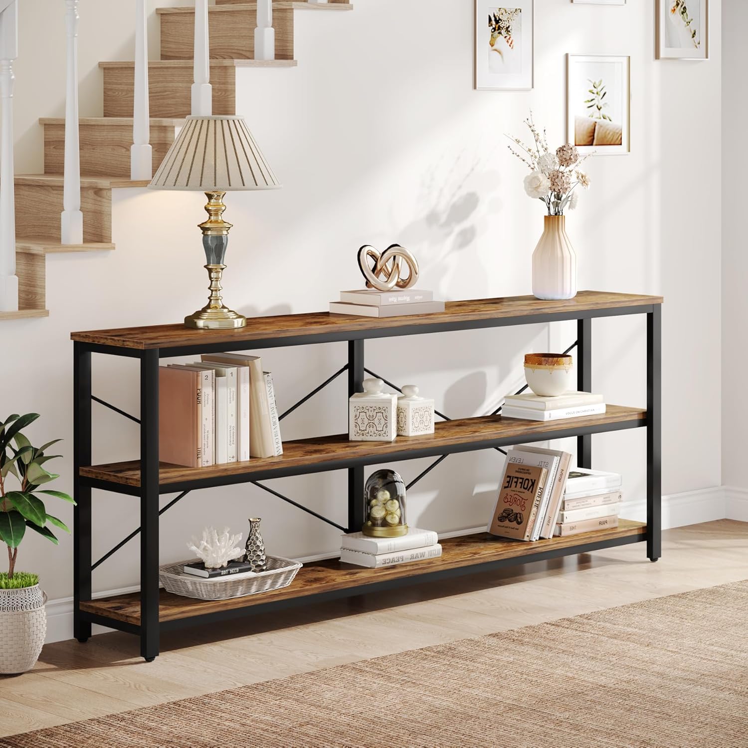 Tribesigns Mesa consola, Mesa de sofá industrial de 3 niveles con estructura de metal