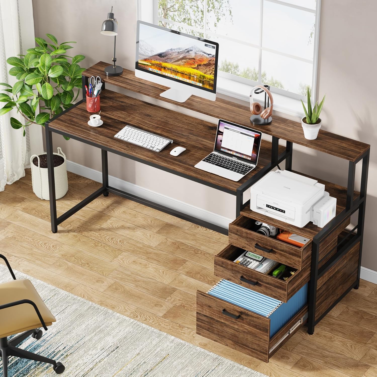 Tribesigns Escritorio con cajones, mesa de ordenador con soporte para monitor