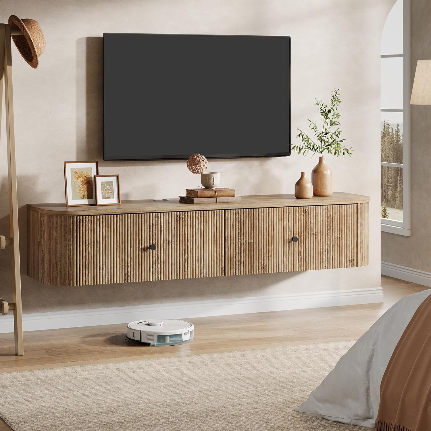 Mueble de TV flotante Tribesigns con 2 cajones acanalados, Mueble multimedia de pared para sala de estar y dormitorio