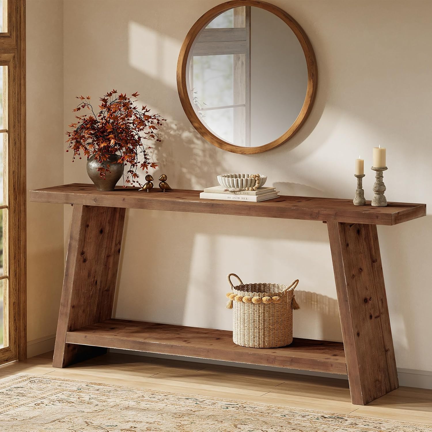 Tribesigns Mesa consola de 160 cm de largo, Mesa auxiliar estrecha para sofá en madera maciza con 2 estantes