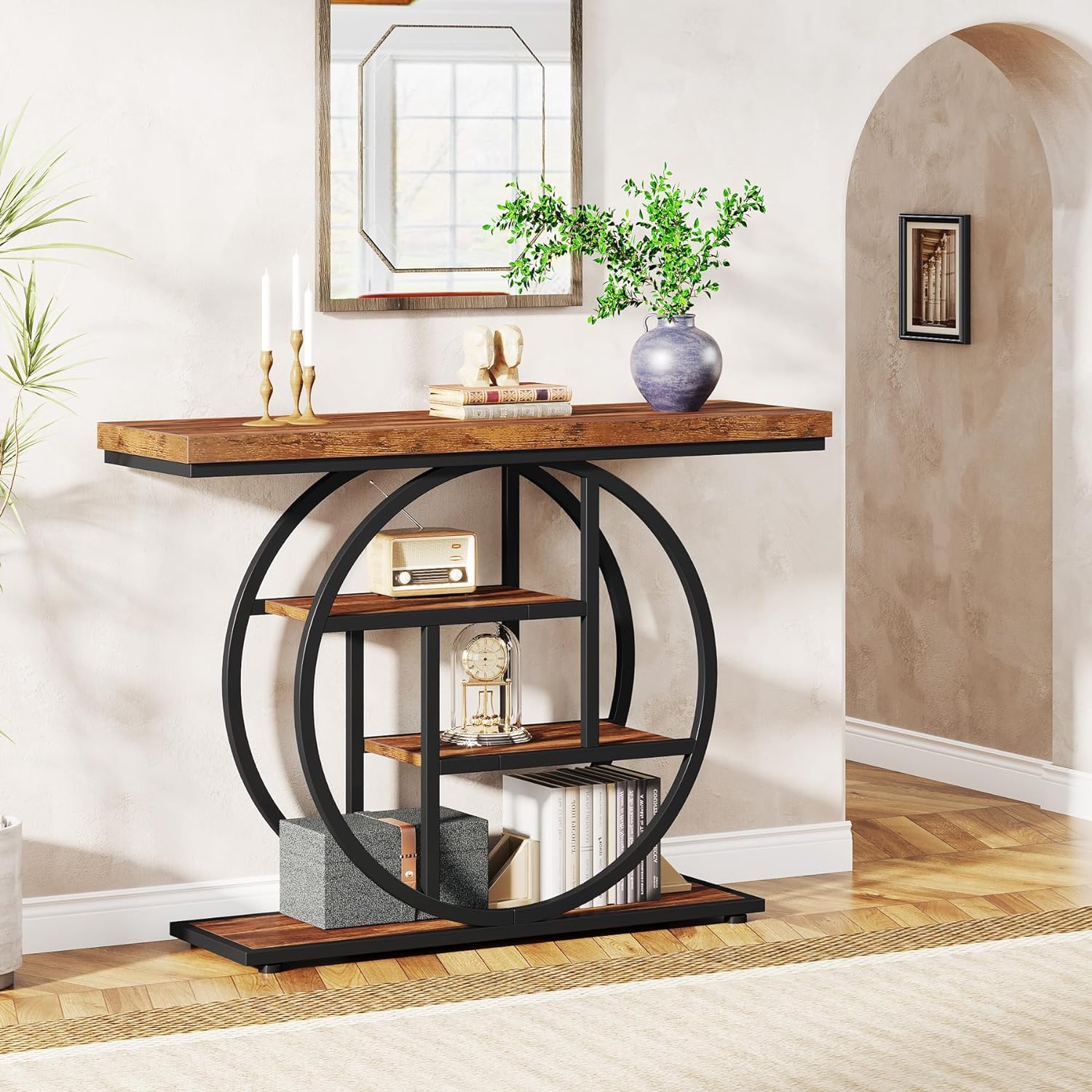 Tribesigns Mesa consola con base circular, Mesas auxiliares estrechas de madera