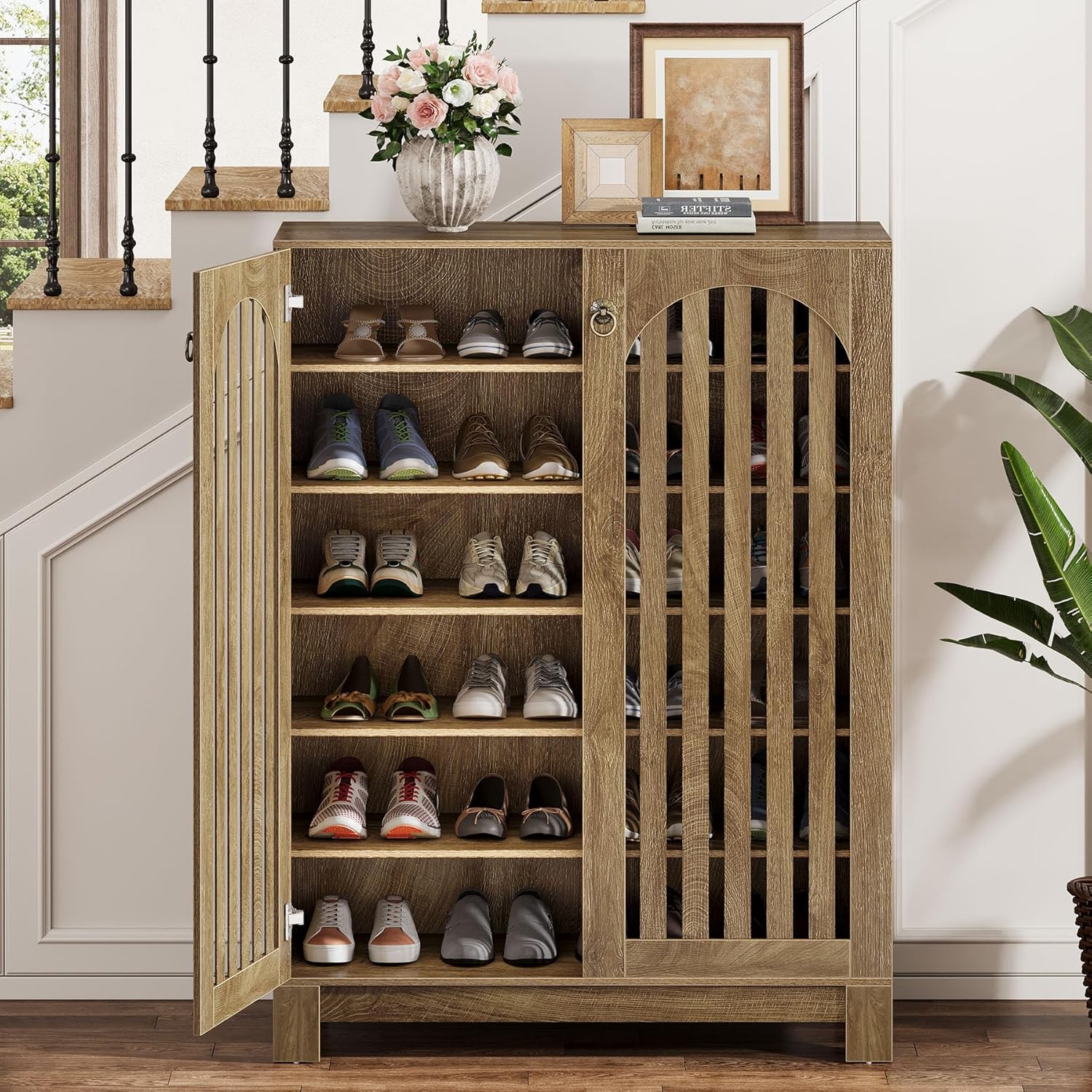 Tribesigns Zapatero grande con frontal de listones y 6 niveles con estantes flexibles