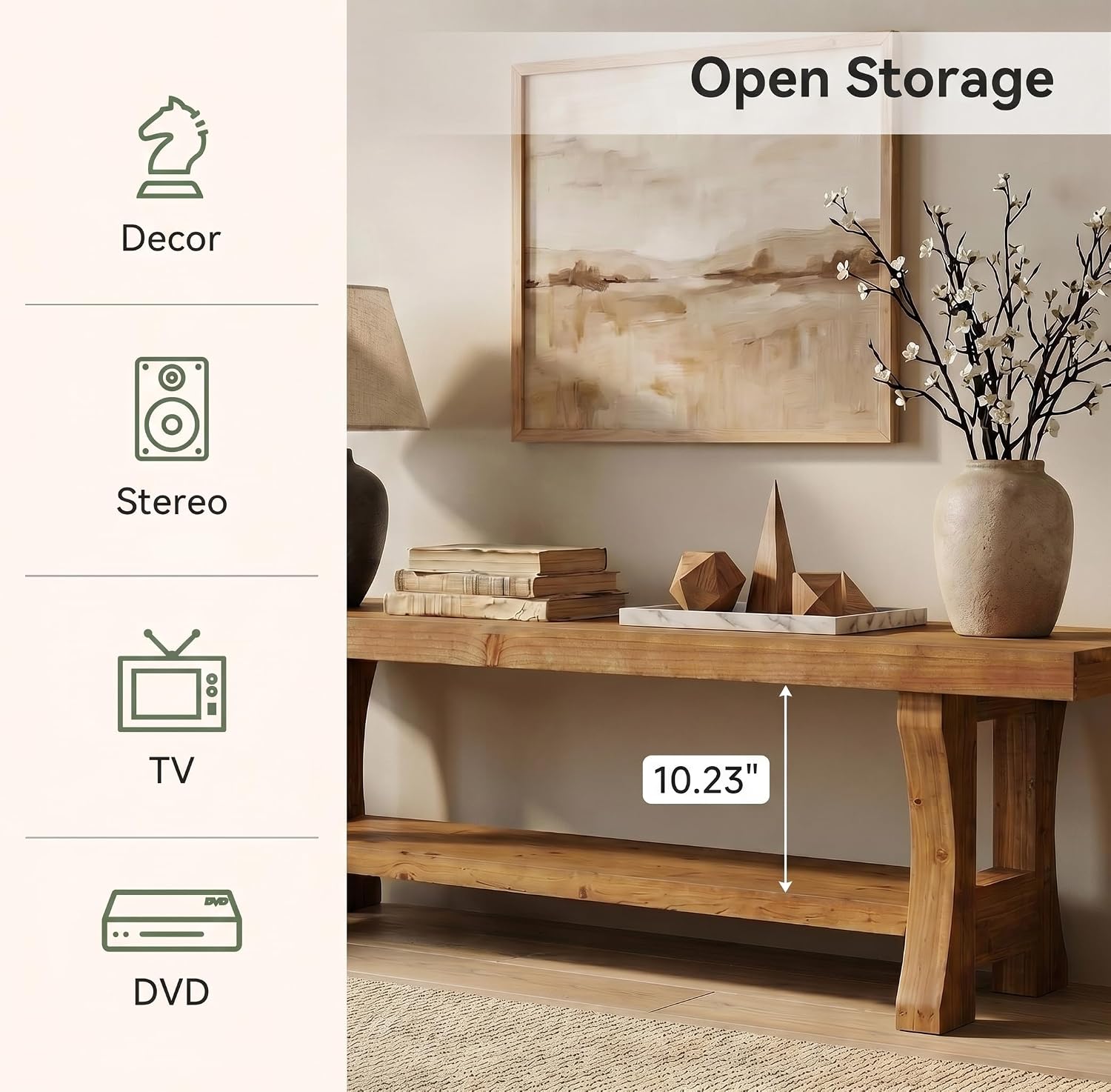 Mueble bajo para TV de madera maciza, 140 cm con 2 estantes y compartimentos abiertos, unidad multimedia.