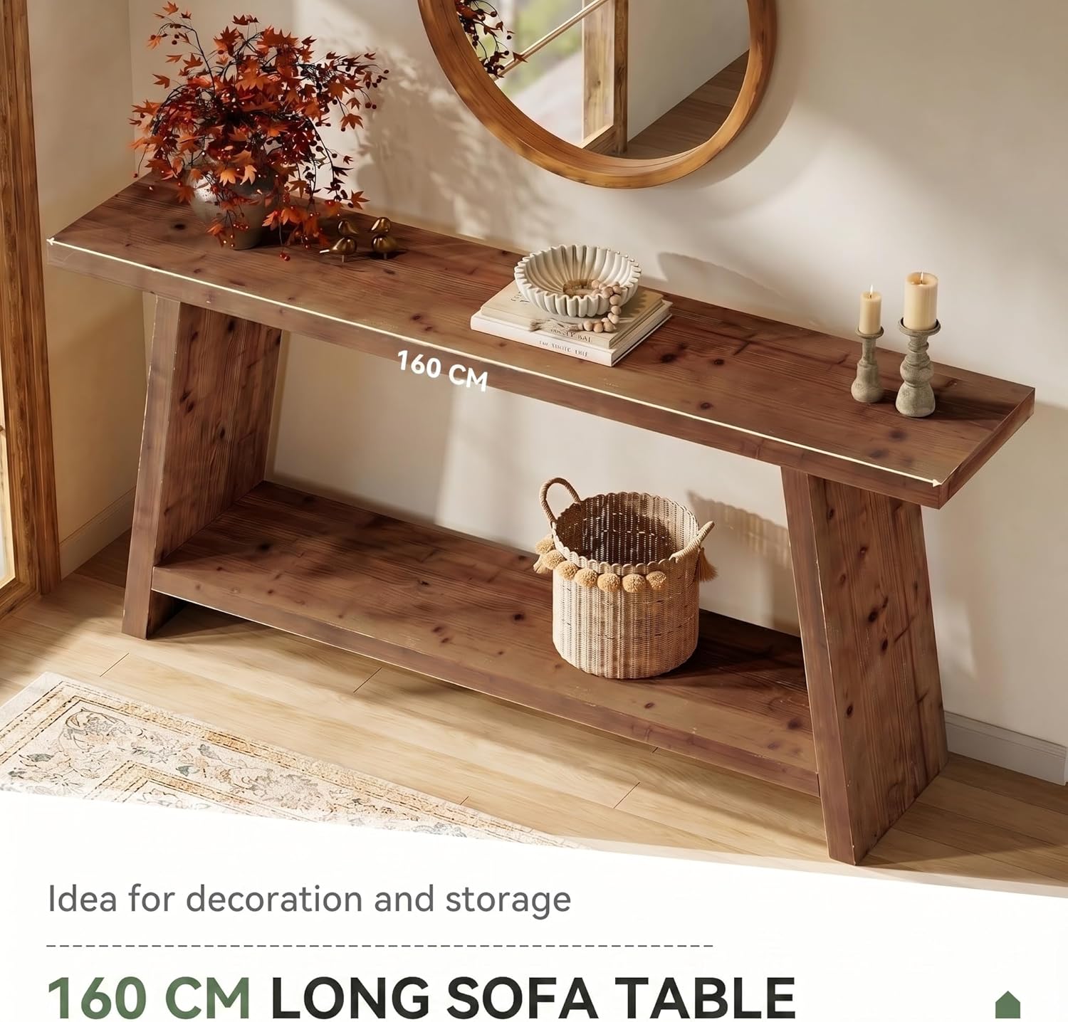 Tribesigns Mesa consola de 160 cm de largo, Mesa auxiliar estrecha para sofá en madera maciza con 2 estantes