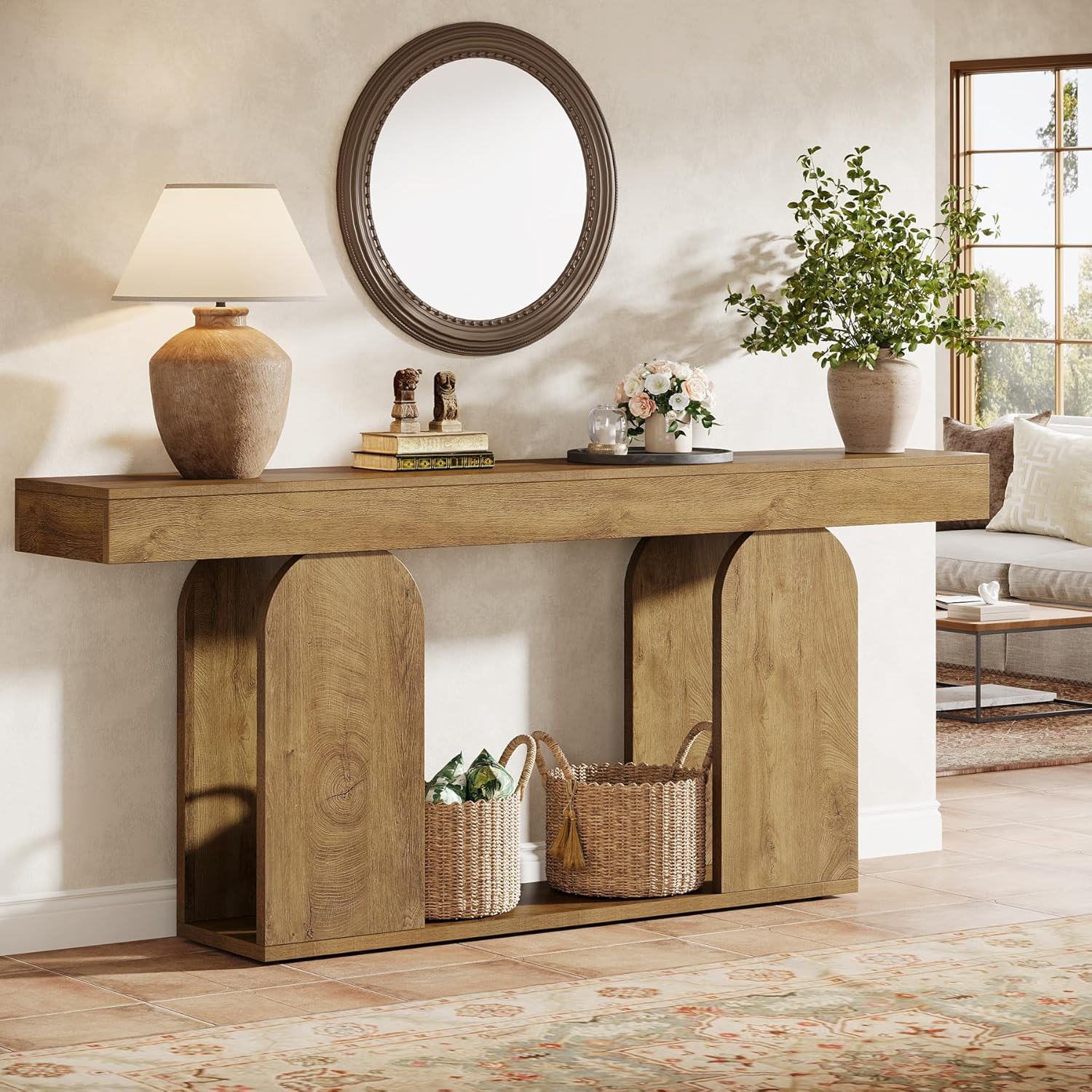 Tribesigns Mesa consola de 160 cm con base en forma de U, Mesa de recibidor larga y moderna con 2 estantes