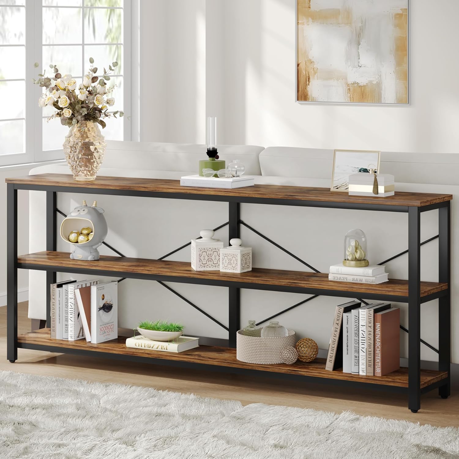 Tribesigns Mesa consola, Mesa de sofá industrial de 3 niveles con estructura de metal