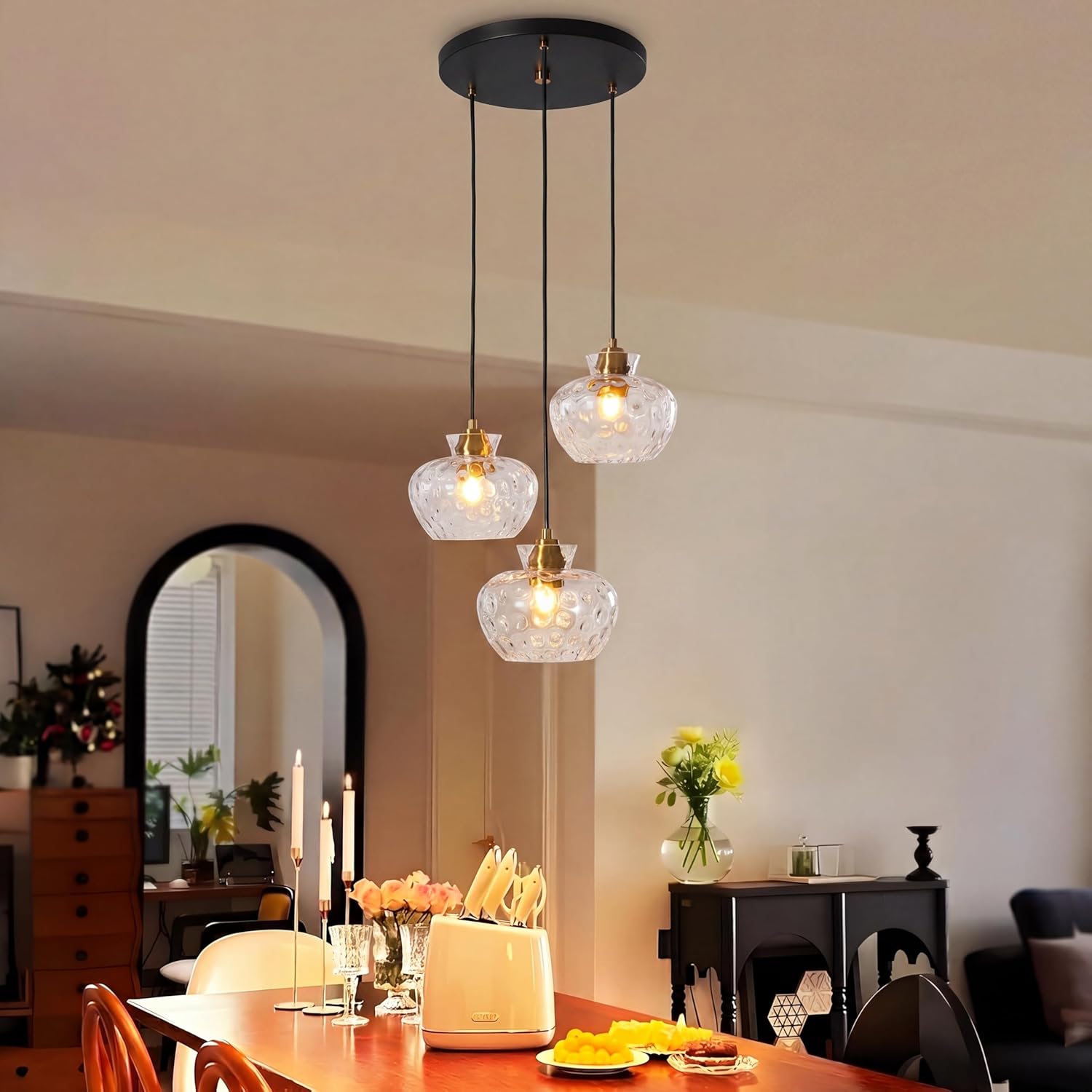 Tribesigns Lámpara colgante de 3 luces con cristal texturizado, casquillo E27