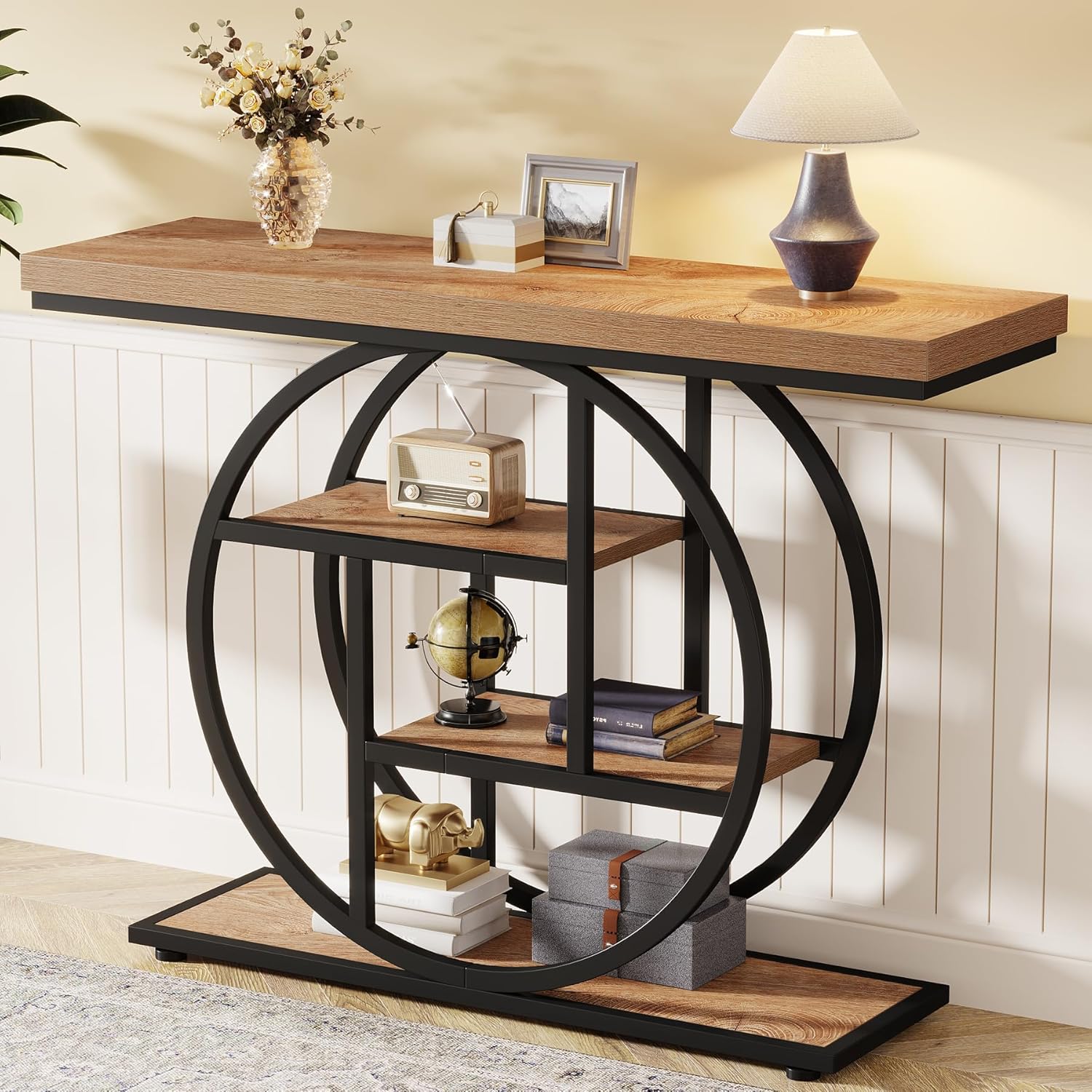 Tribesigns Mesa consola con base circular, Mesas auxiliares estrechas de madera