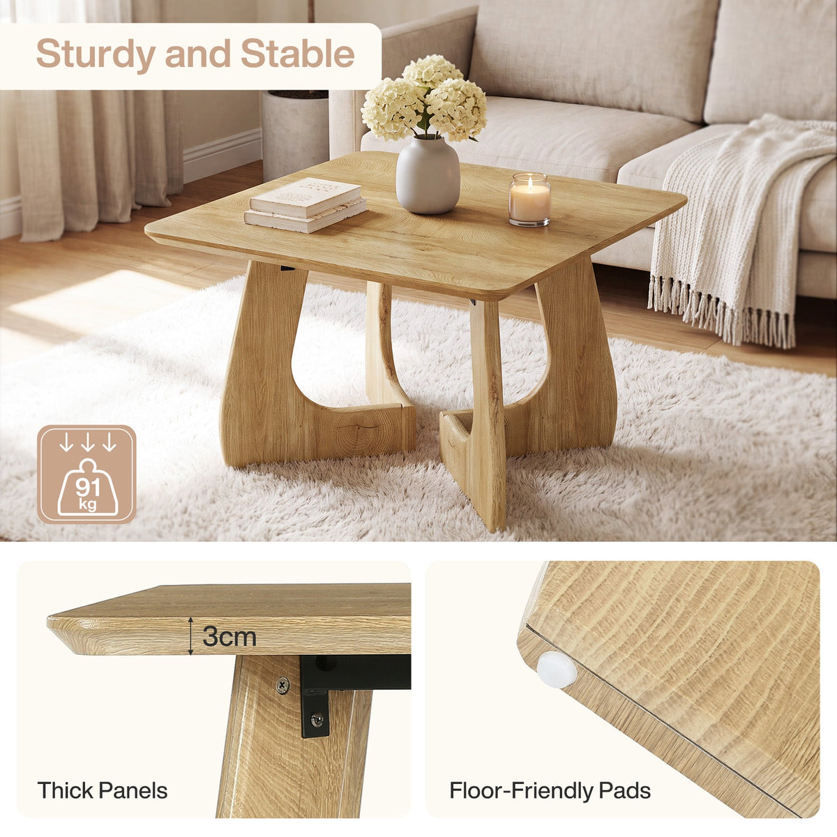 Tribesigns Mesa de centro cuadrada de 80 cm, Mesa de salón moderna con estructura de madera escultural