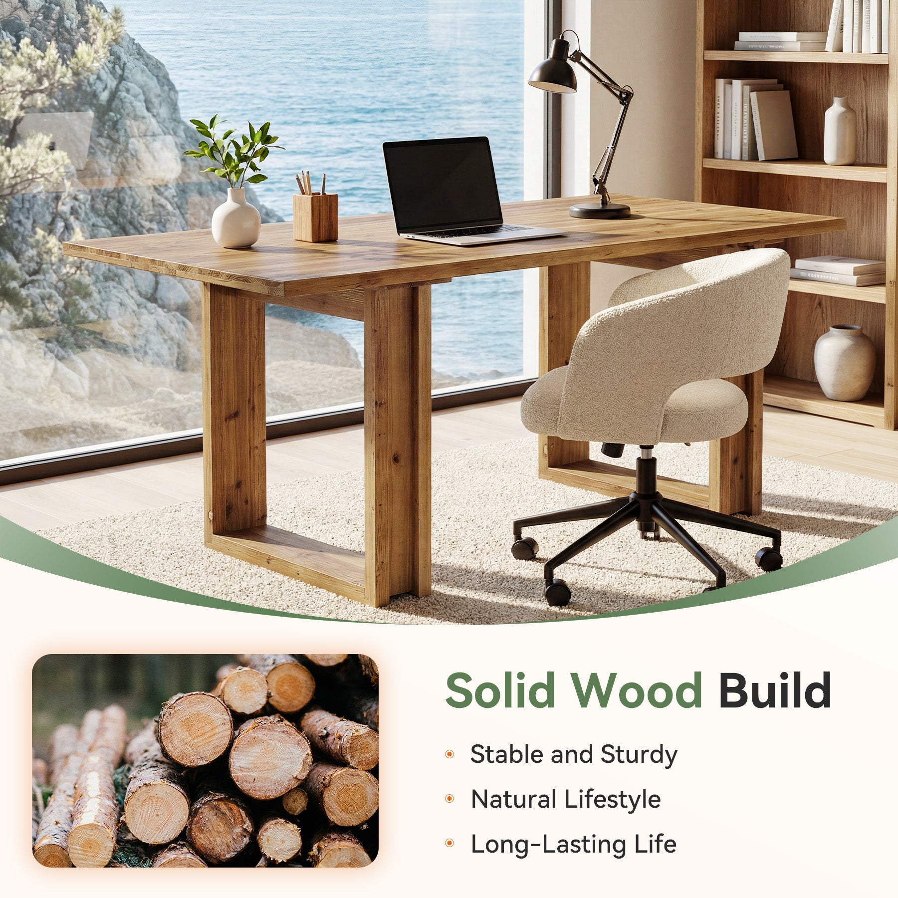 Escritorio de madera maciza de 160 cm, Mesa grande para oficina en casa fabricada en madera de abeto Escritorio ejecutivo de estilo rústico