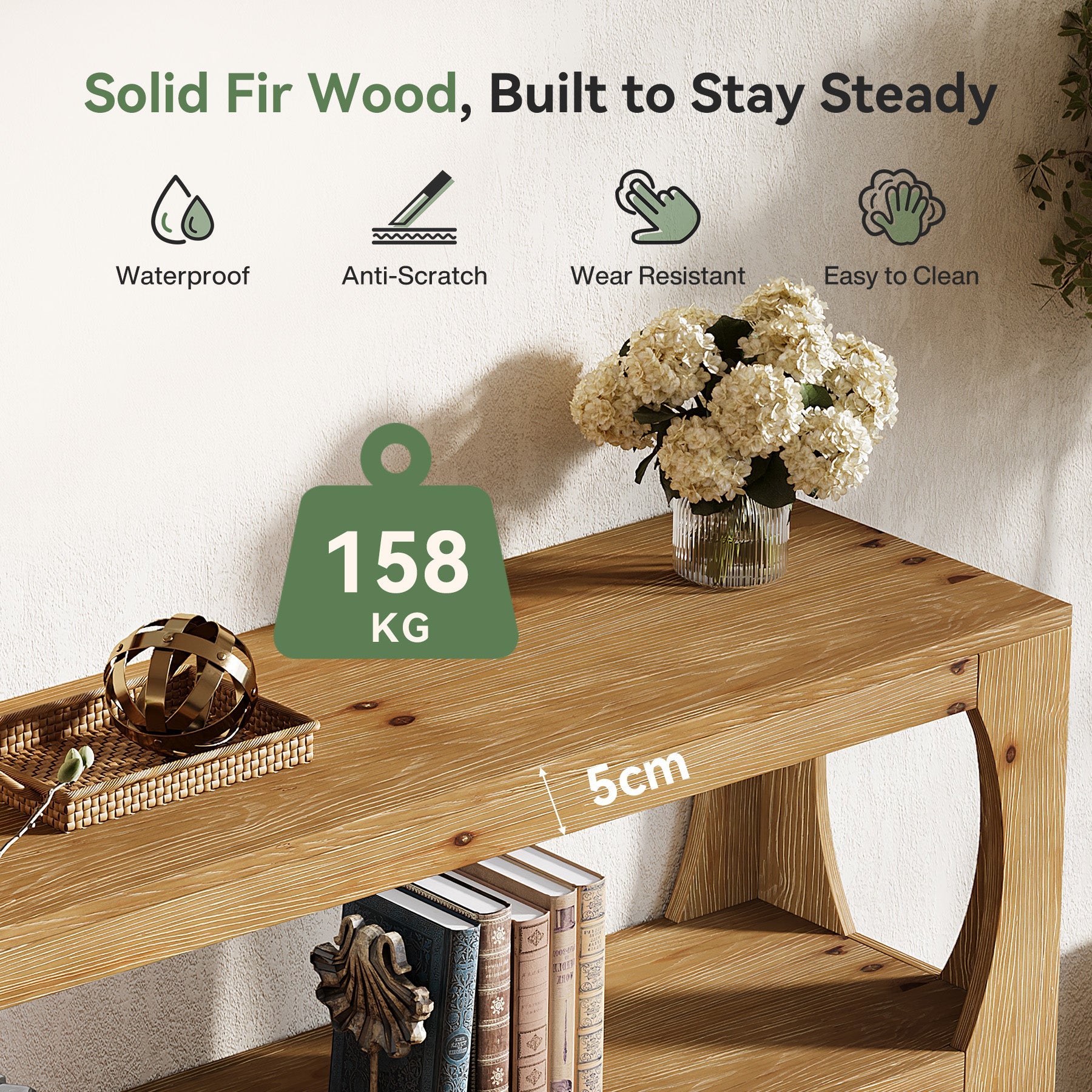 Tribesigns Mesa consola de 160 cm de madera maciza de abeto, Mesa de entrada estrecha con 3 estantes Estilo rústico para pasillo salón