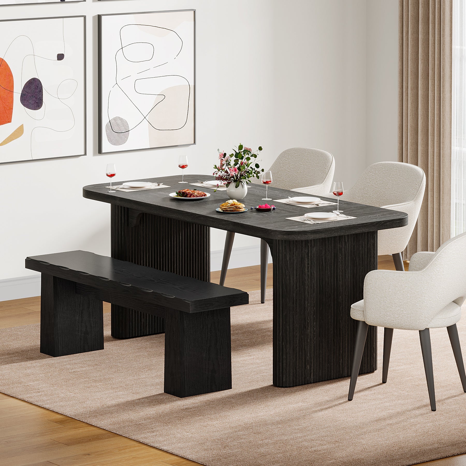 Banco negro de 120 cm, Banco de madera moderno, Banco de comedor versátil con diseño minimalista
