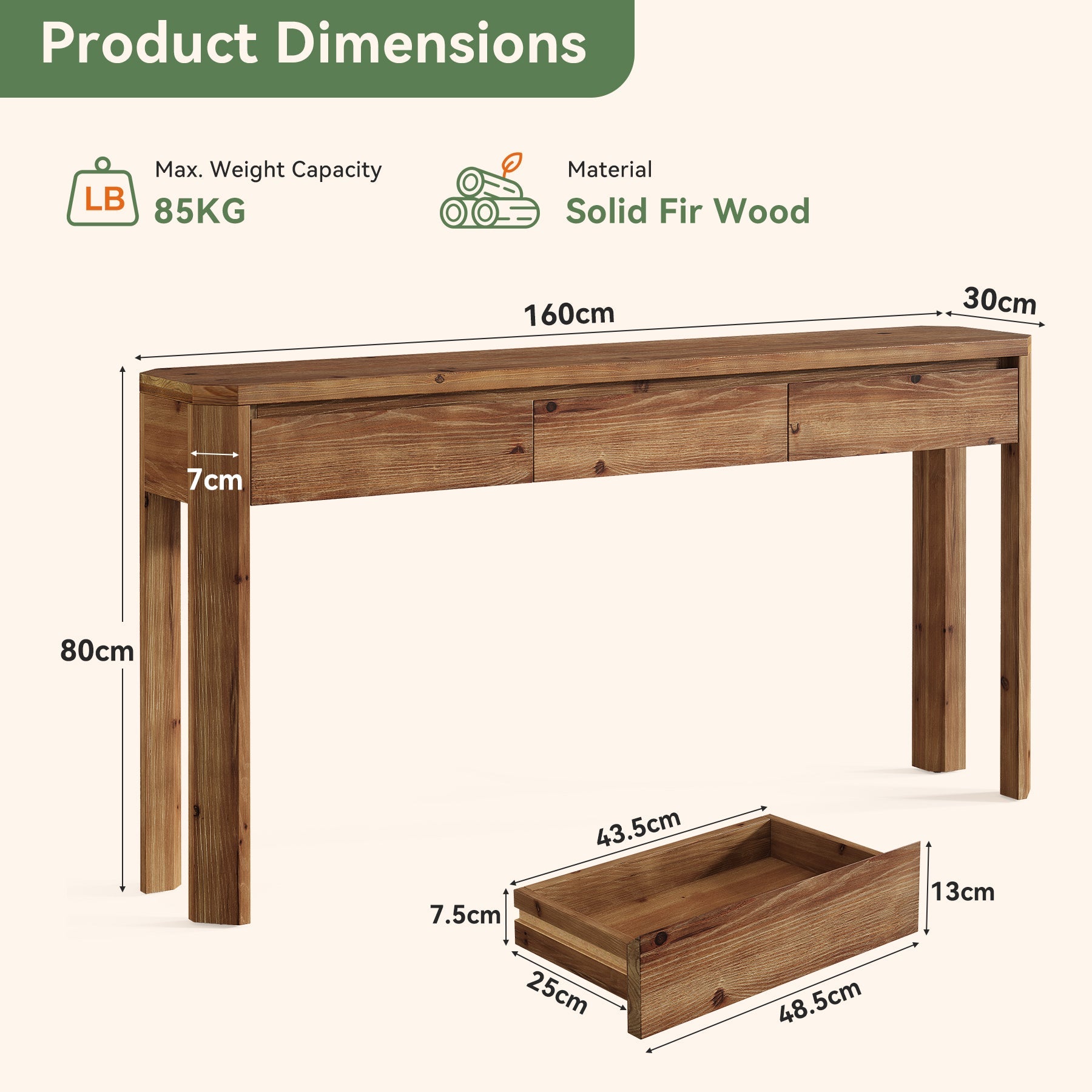 Tribesigns Consola de madera maciza de 160 cm con 3 cajones, Mesa de recibidor y sofá esquinas redondeadas estilo rústico