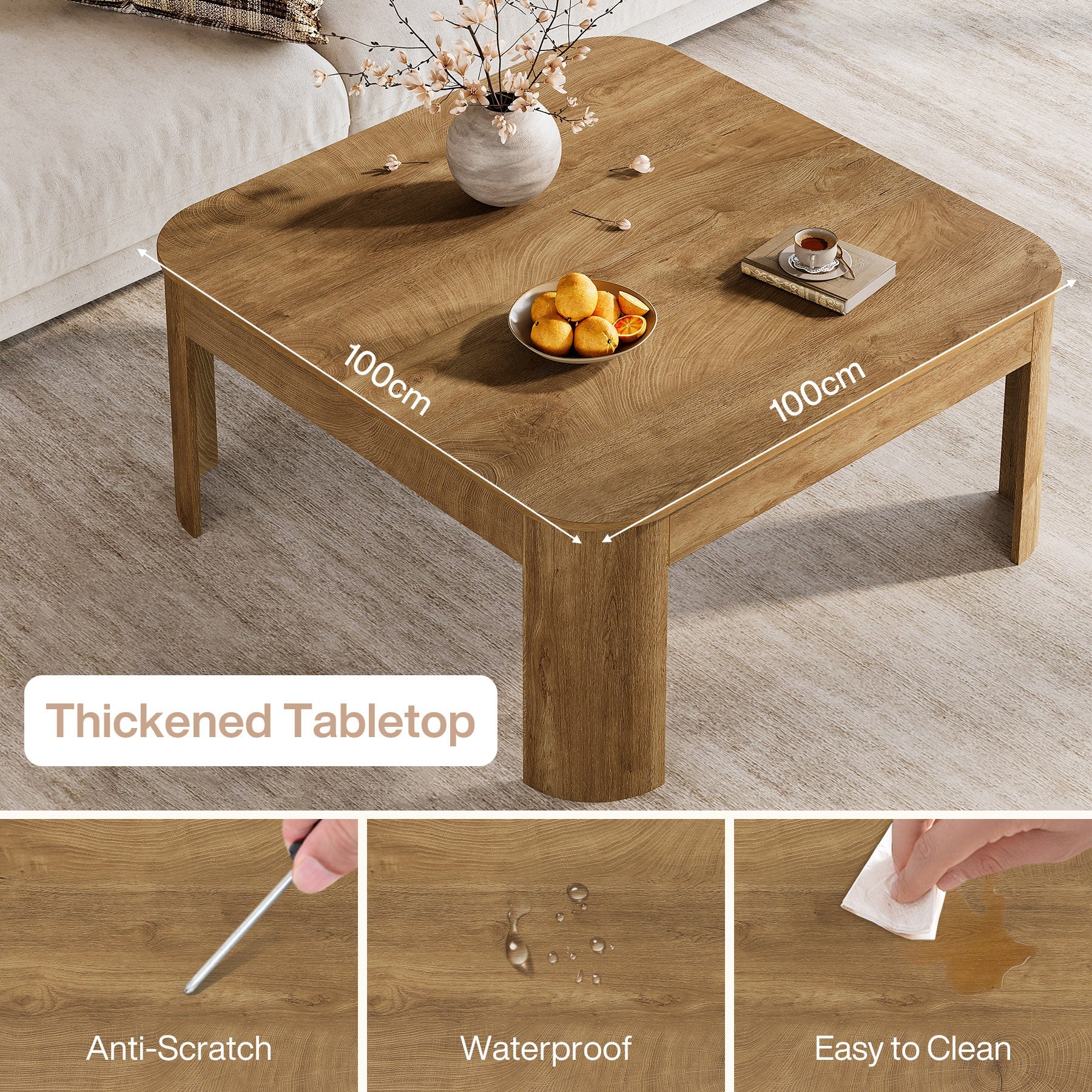 Tribesigns Mesa de centro cuadrada de 100 cm de estilo rústico, Mesa de salón con robustas patas curvas