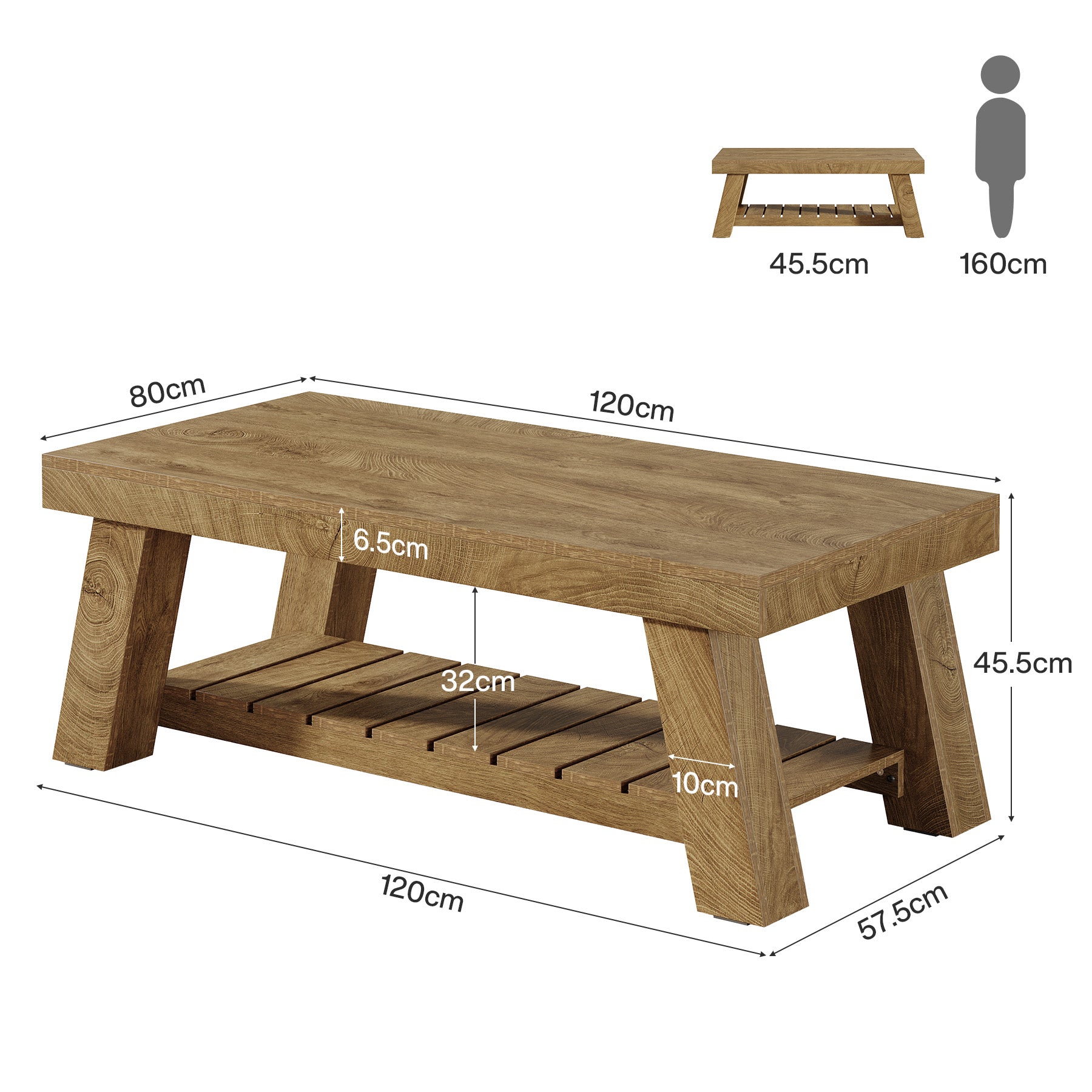 Tribesigns Mesa de centro de estilo rústico de 120 cm, Mesa rectangular rústica con patas en forma de V